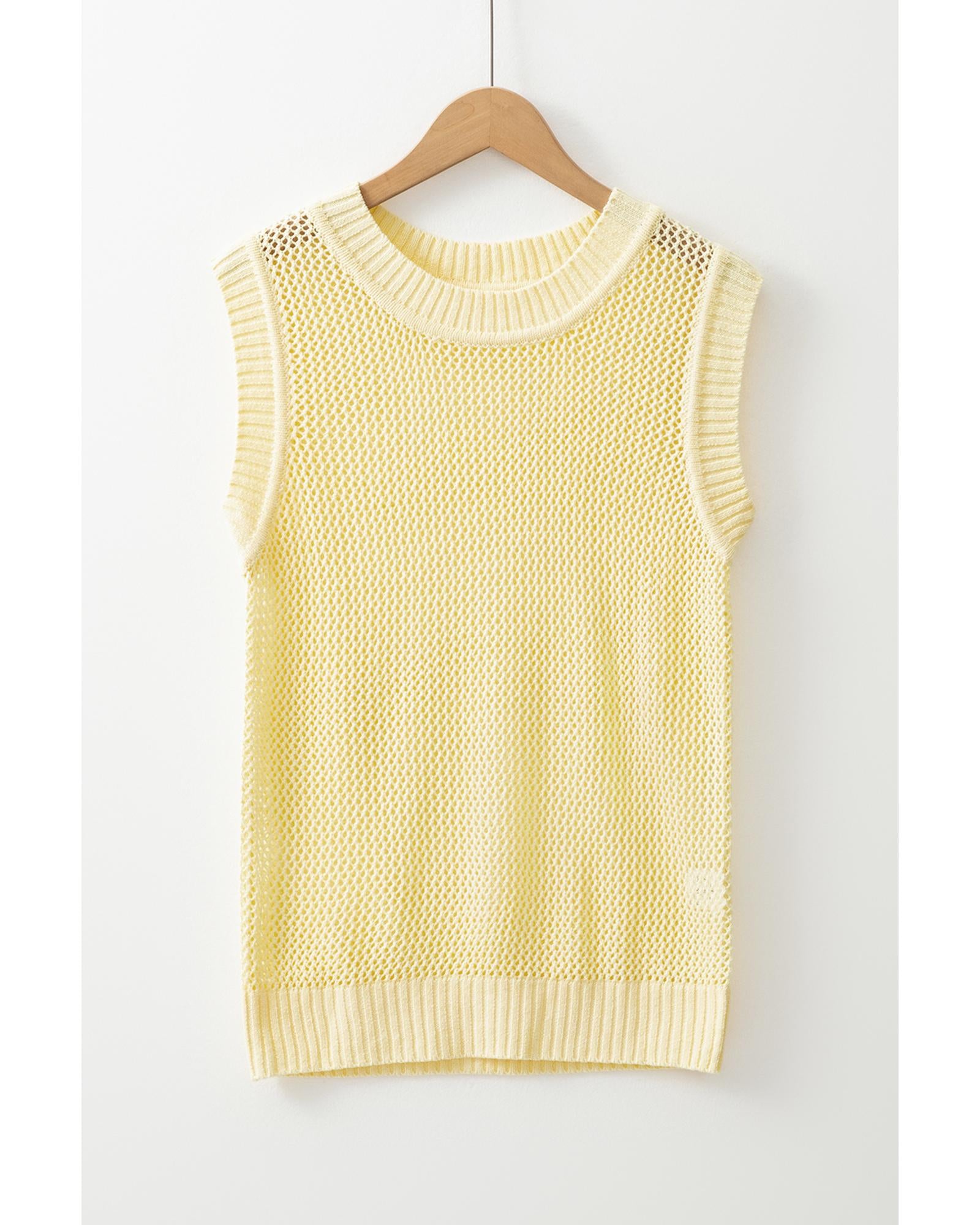 Yellow Solid Color Hollowed Knit Round Neck Sweater Vest - L 6