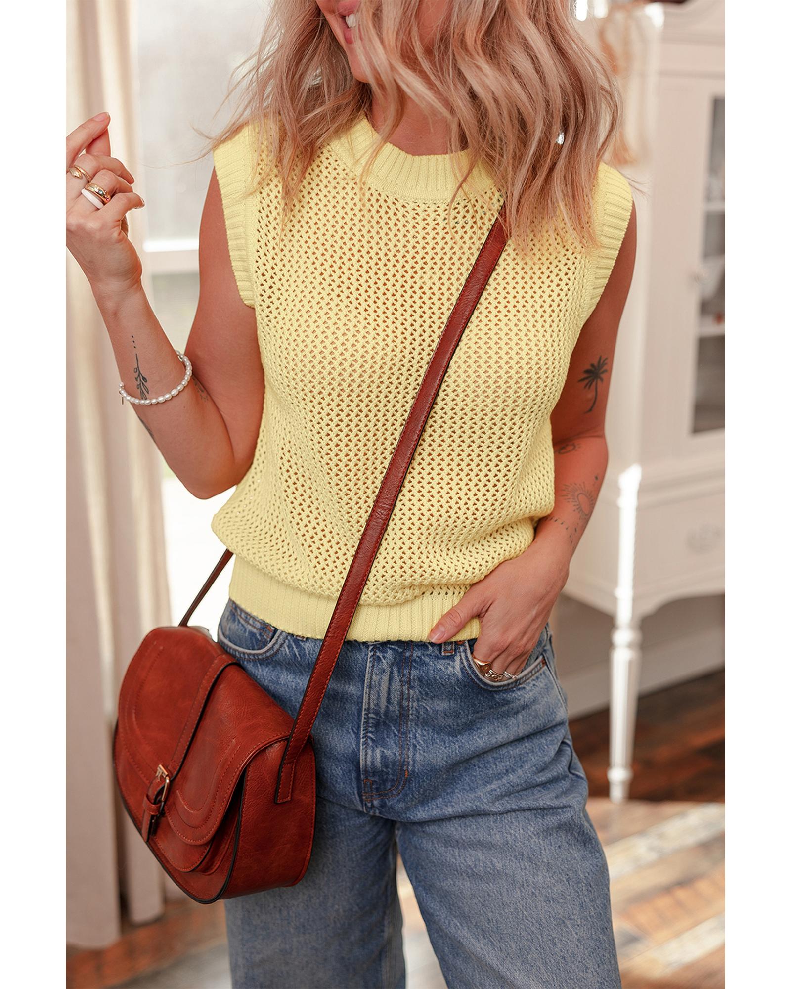 Yellow Solid Color Hollowed Knit Round Neck Sweater Vest - L 7