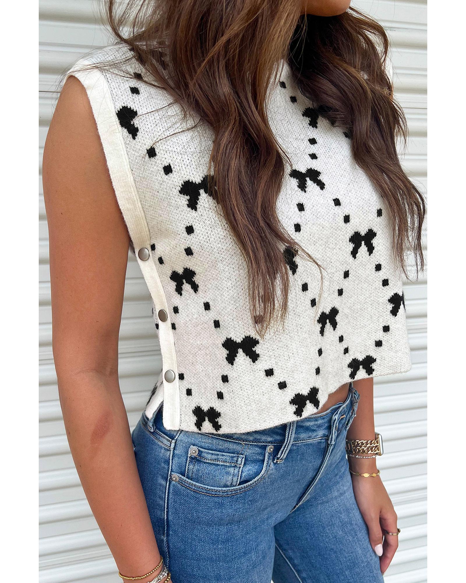 White Bow Pattern Buttoned Side Cropped Sweater Vest - L 3