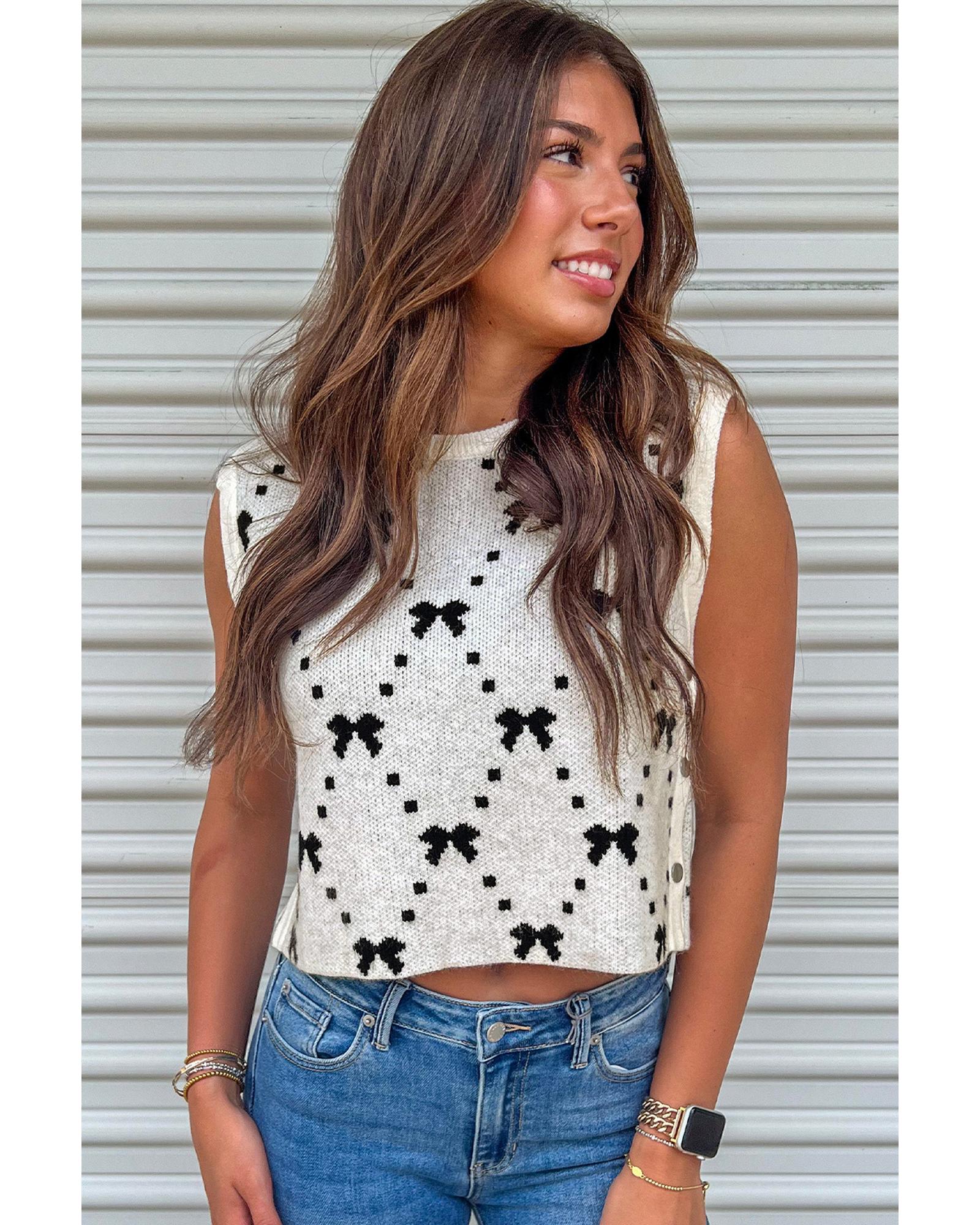 White Bow Pattern Buttoned Side Cropped Sweater Vest - L 7