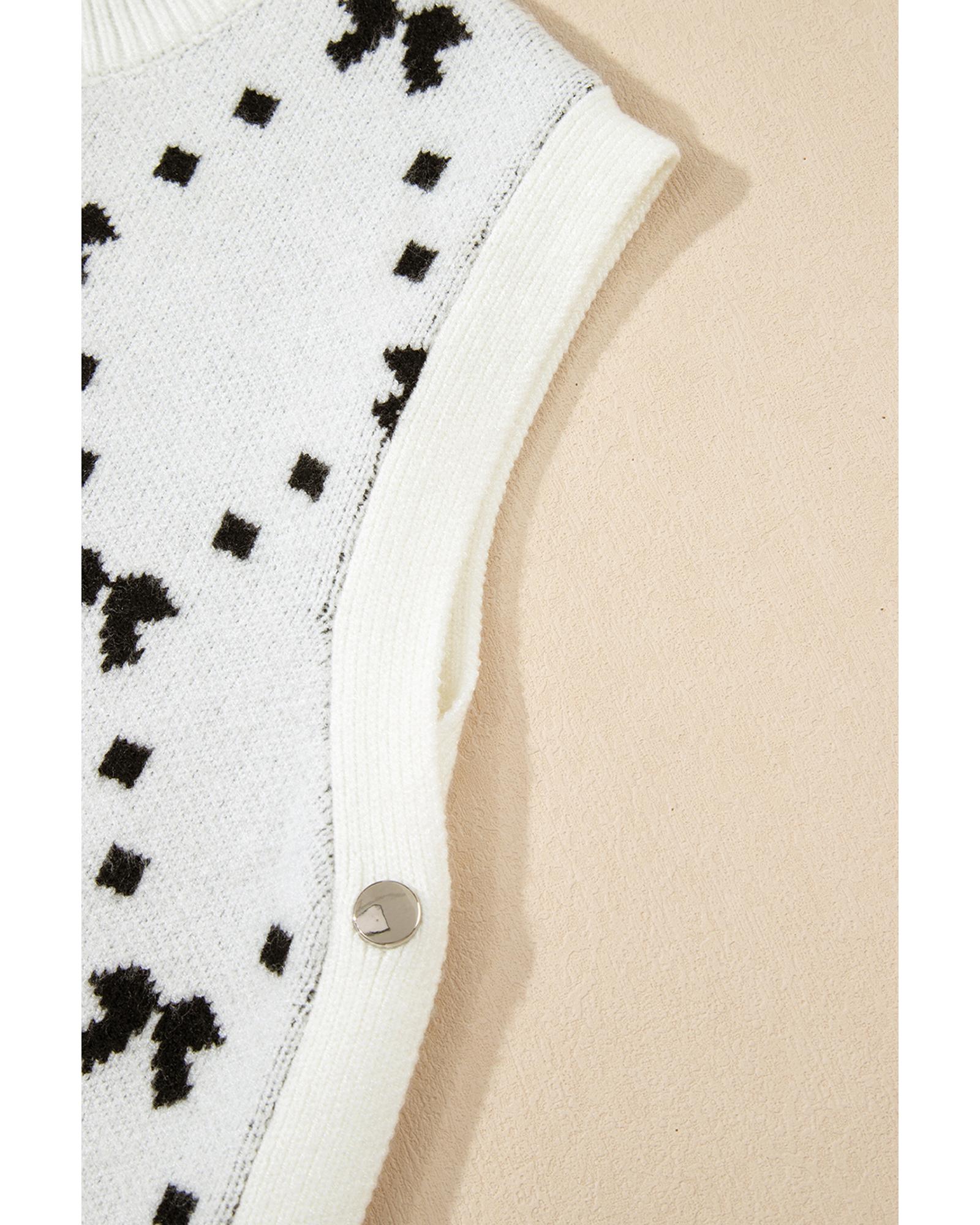White Bow Pattern Buttoned Side Cropped Sweater Vest - L 8