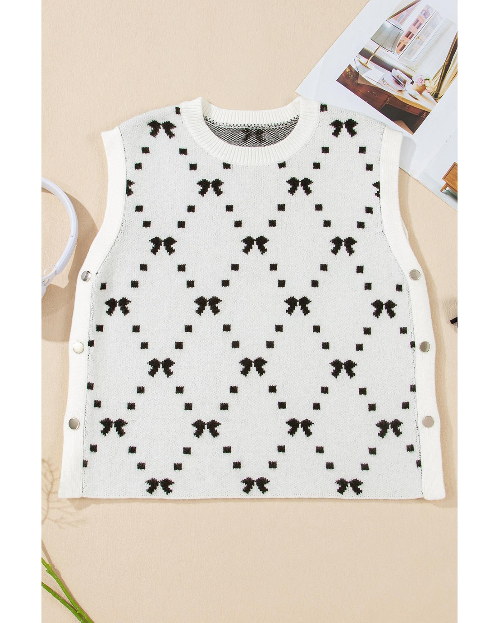 White Bow Pattern Buttoned Side Cropped Sweater Vest - XL 3