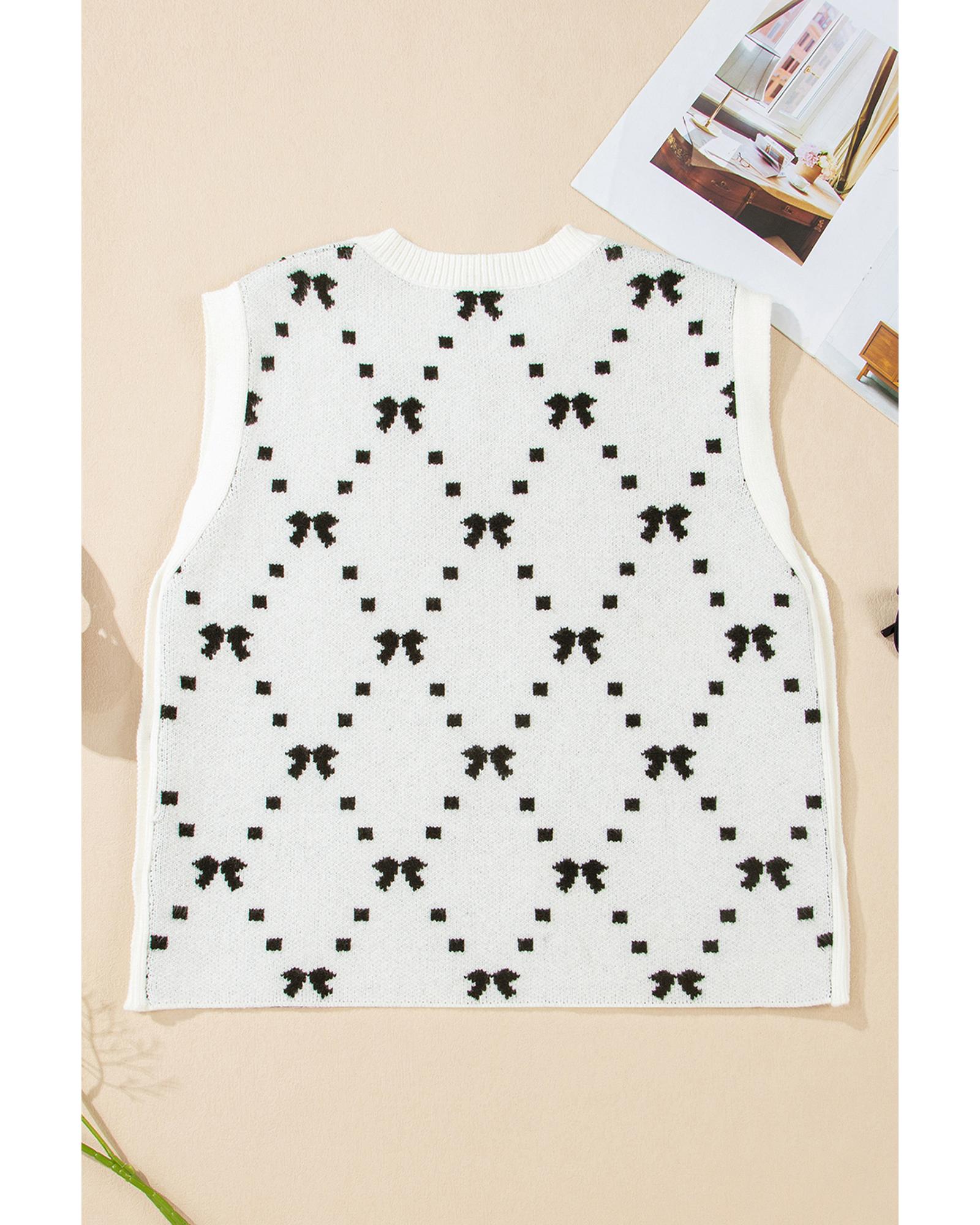 White Bow Pattern Buttoned Side Cropped Sweater Vest - XL 5
