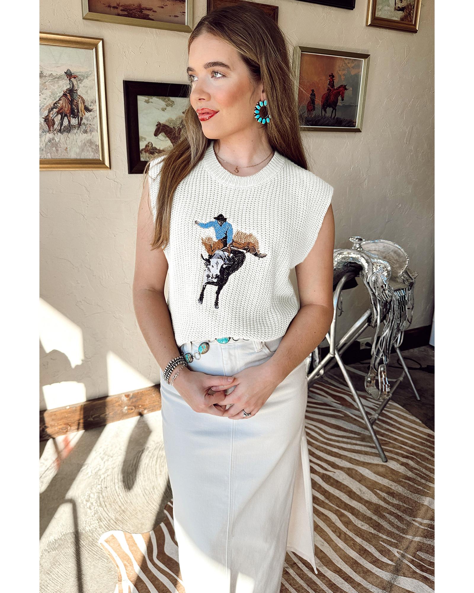White Western Cowboy Embroidery Round Neck Sleeveless Sweater - XL