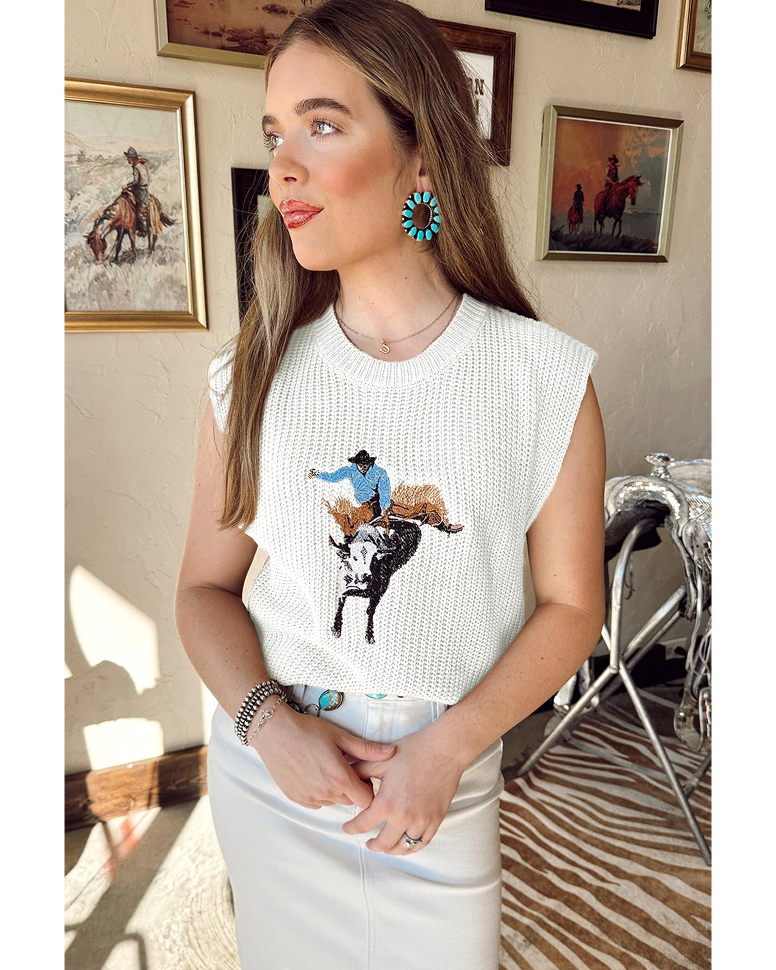 White Western Cowboy Embroidery Round Neck Sleeveless Sweater - XL 3