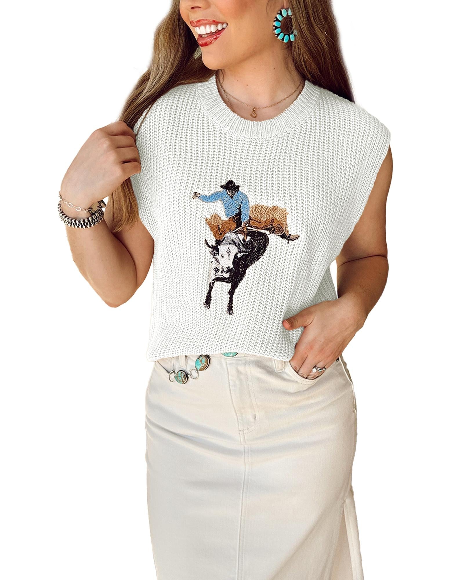 White Western Cowboy Embroidery Round Neck Sleeveless Sweater - XL 5