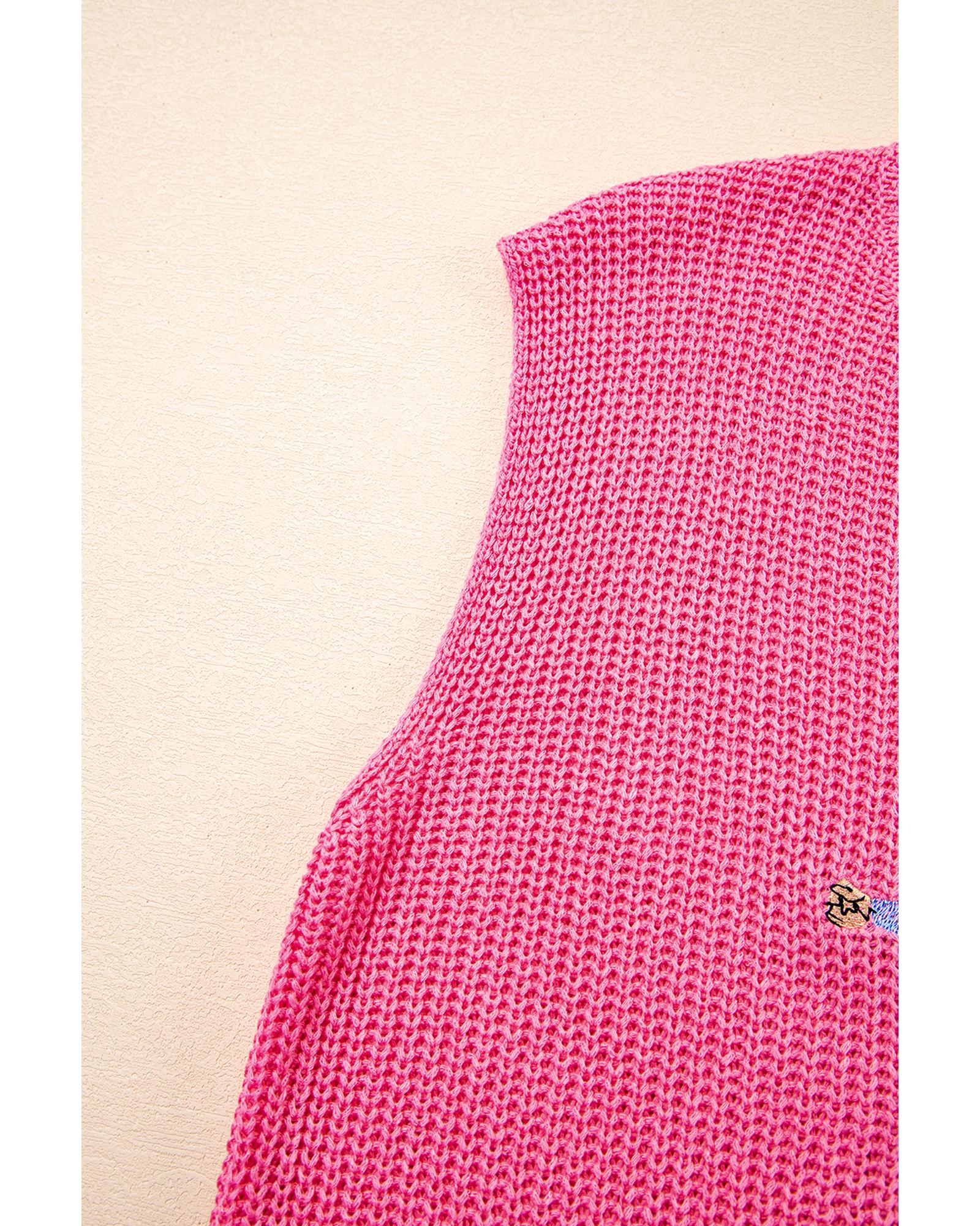 Bright Pink Western Cowboy Embroidery Round Neck Sleeveless Sweater - M 8