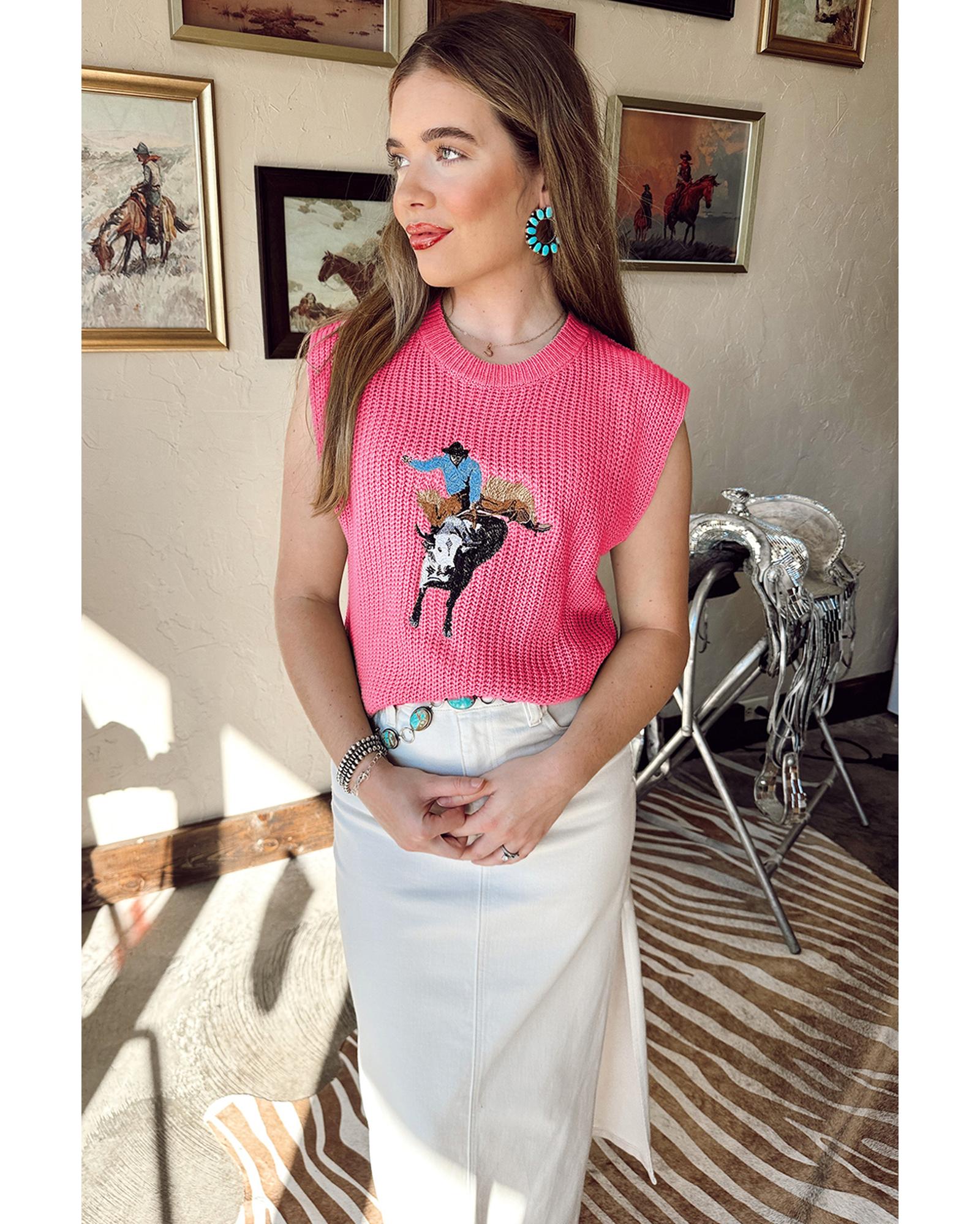 Bright Pink Western Cowboy Embroidery Round Neck Sleeveless Sweater - S 3