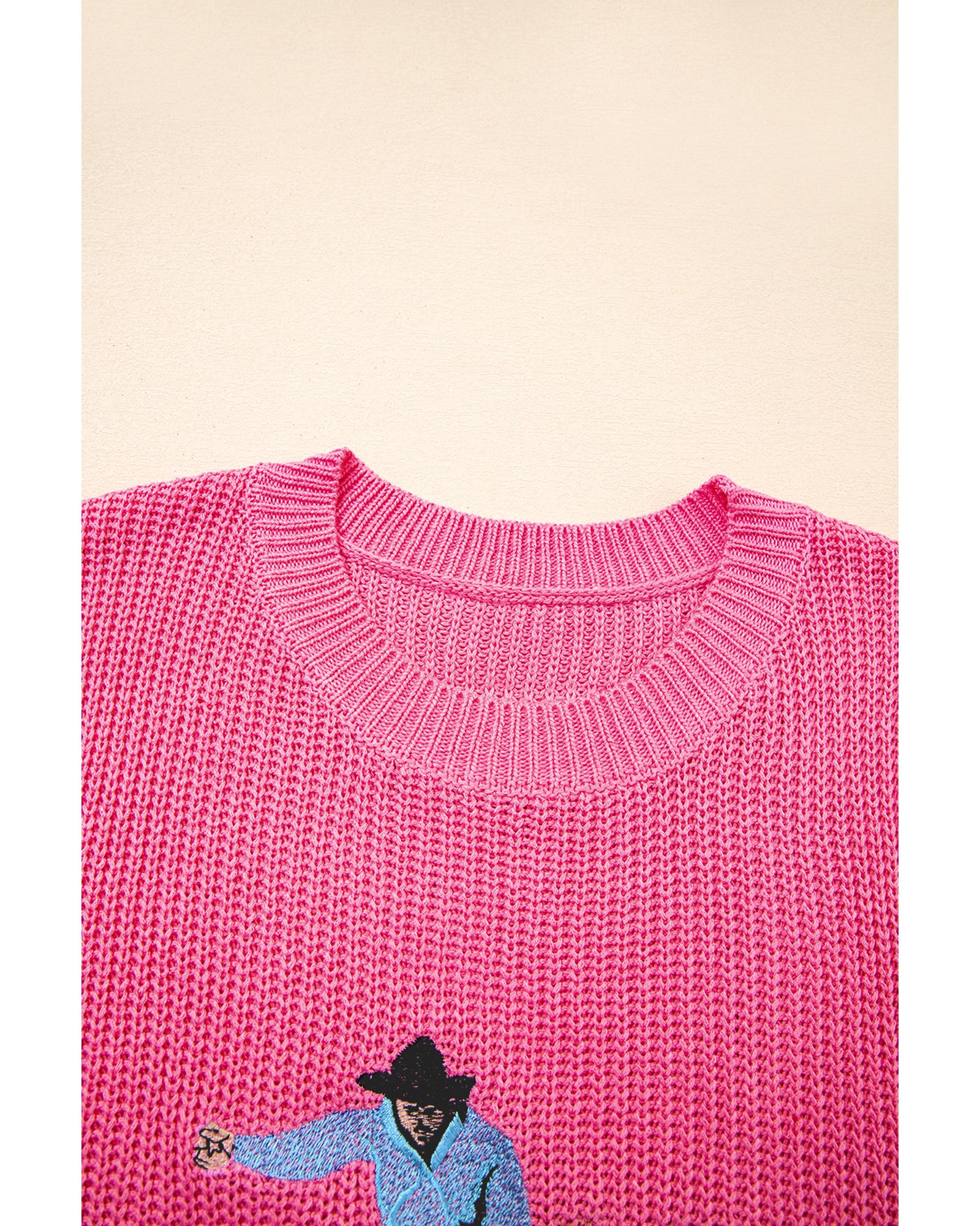 Bright Pink Western Cowboy Embroidery Round Neck Sleeveless Sweater - S 6