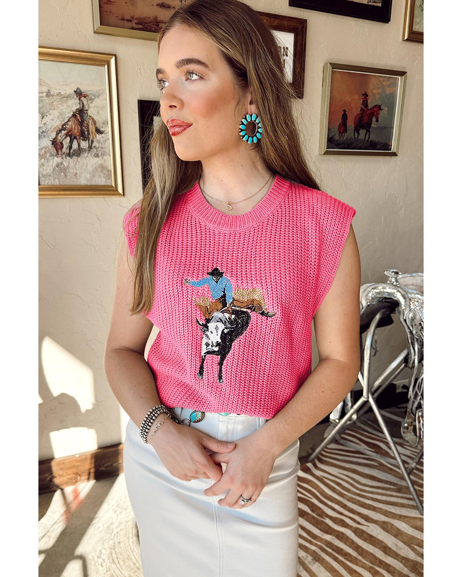 Bright Pink Western Cowboy Embroidery Round Neck Sleeveless Sweater - XL