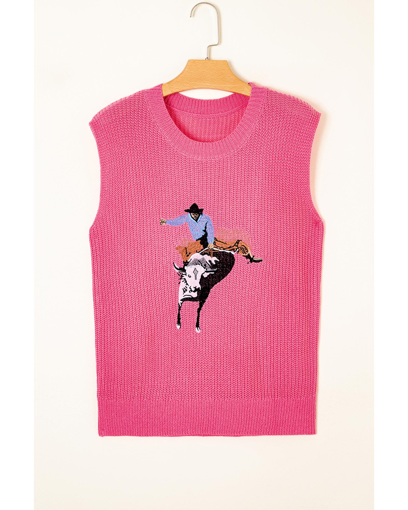 Bright Pink Western Cowboy Embroidery Round Neck Sleeveless Sweater - XL 5