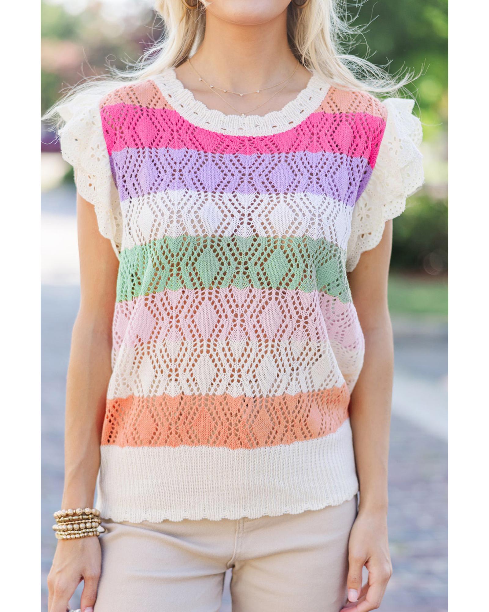Rose Stripe Colorblock Hollowed Knit Scallop Edge Sweater Vest - L 3