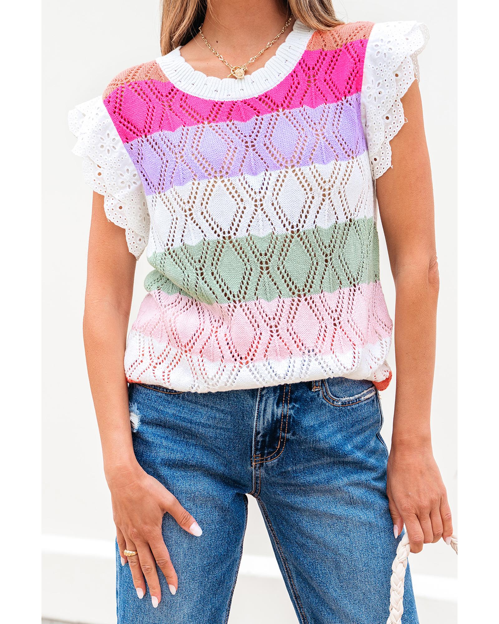 Rose Stripe Colorblock Hollowed Knit Scallop Edge Sweater Vest - L 6