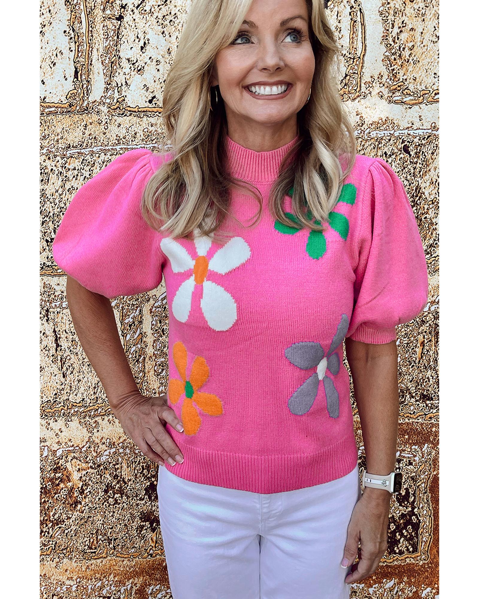 Bright Pink Floral Bubble Short Sleeve Sweater - L