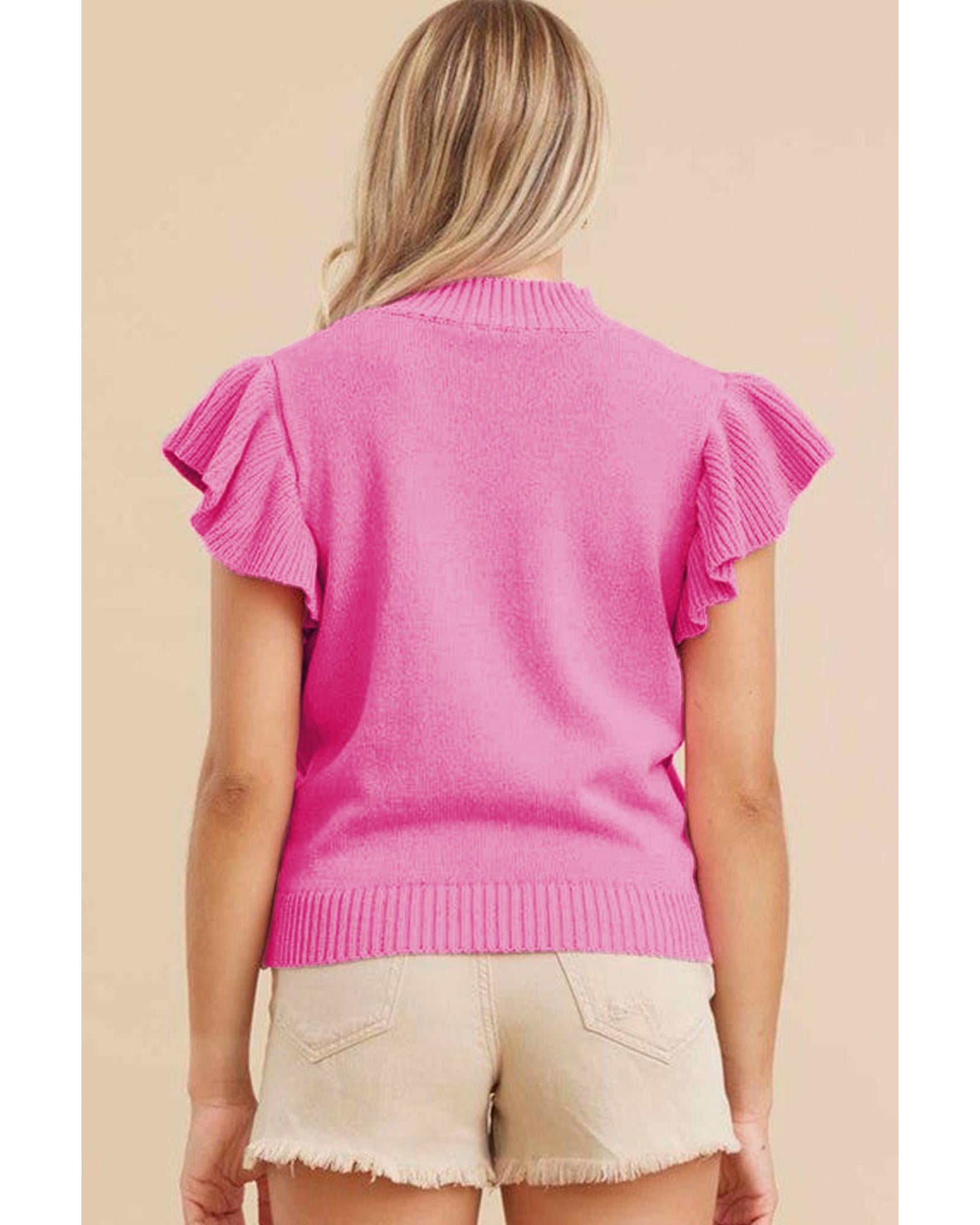 Bonbon Ribbed Mock Neck Ruffled Short Sleeve Sweater - L 5
