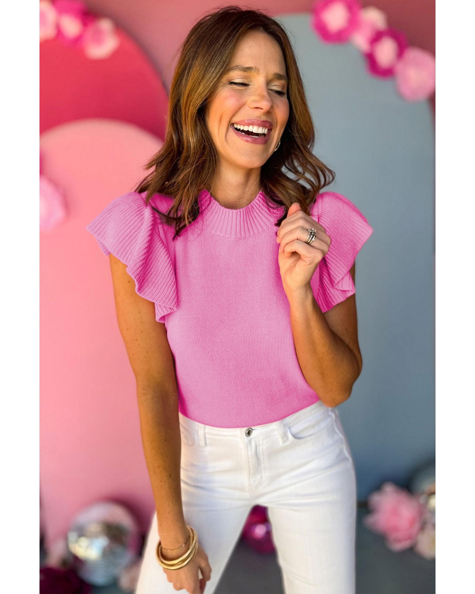 Bonbon Ribbed Mock Neck Ruffled Short Sleeve Sweater - L 7