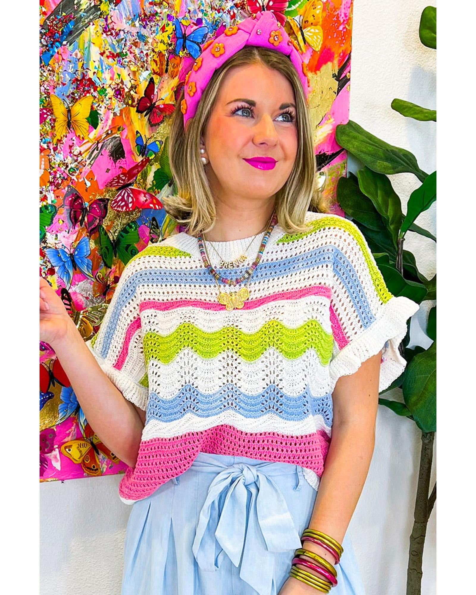 White Colorblock Crochet Knit Ruffled Short Sleeve Sweater Top - M 6
