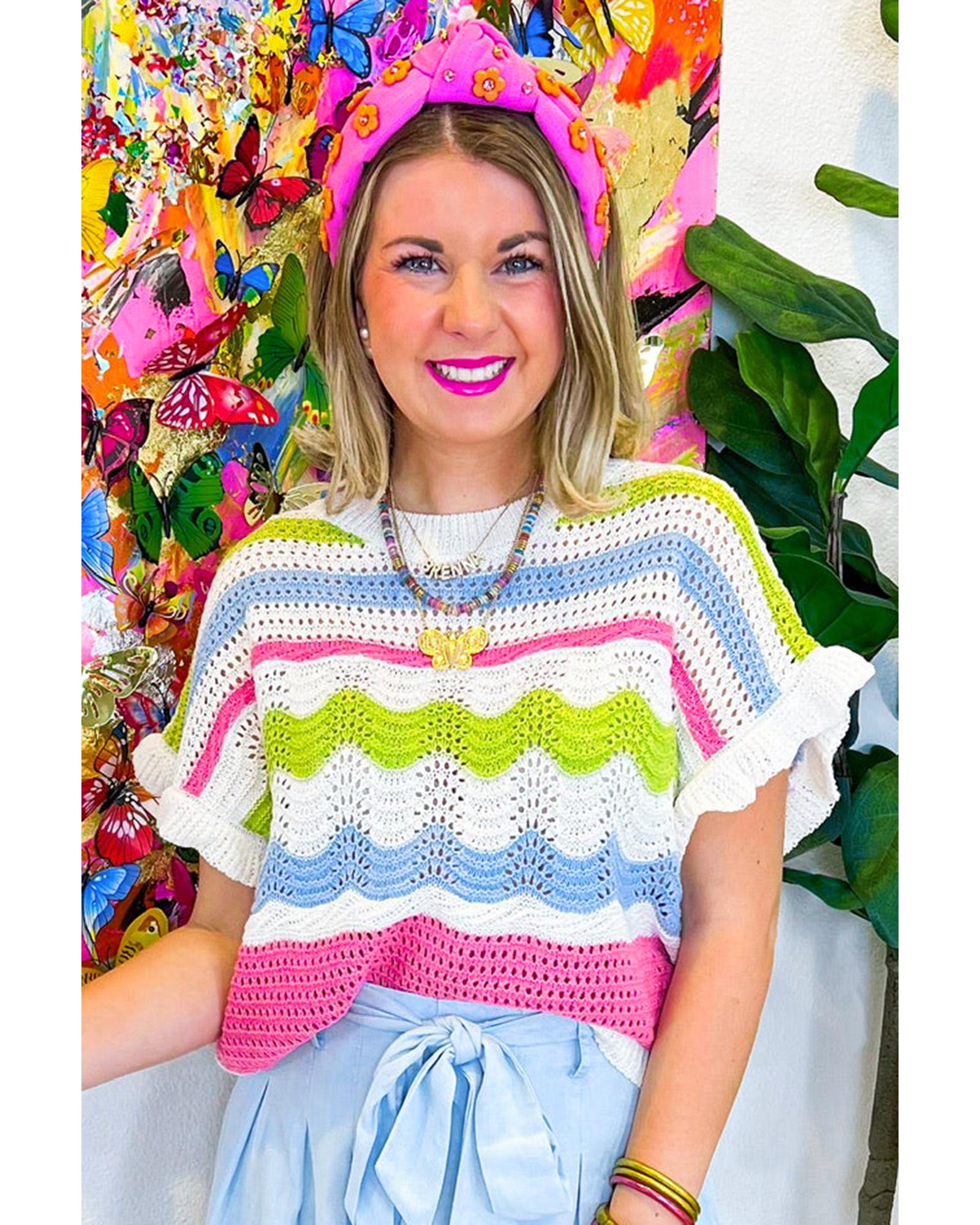 White Colorblock Crochet Knit Ruffled Short Sleeve Sweater Top - S 3