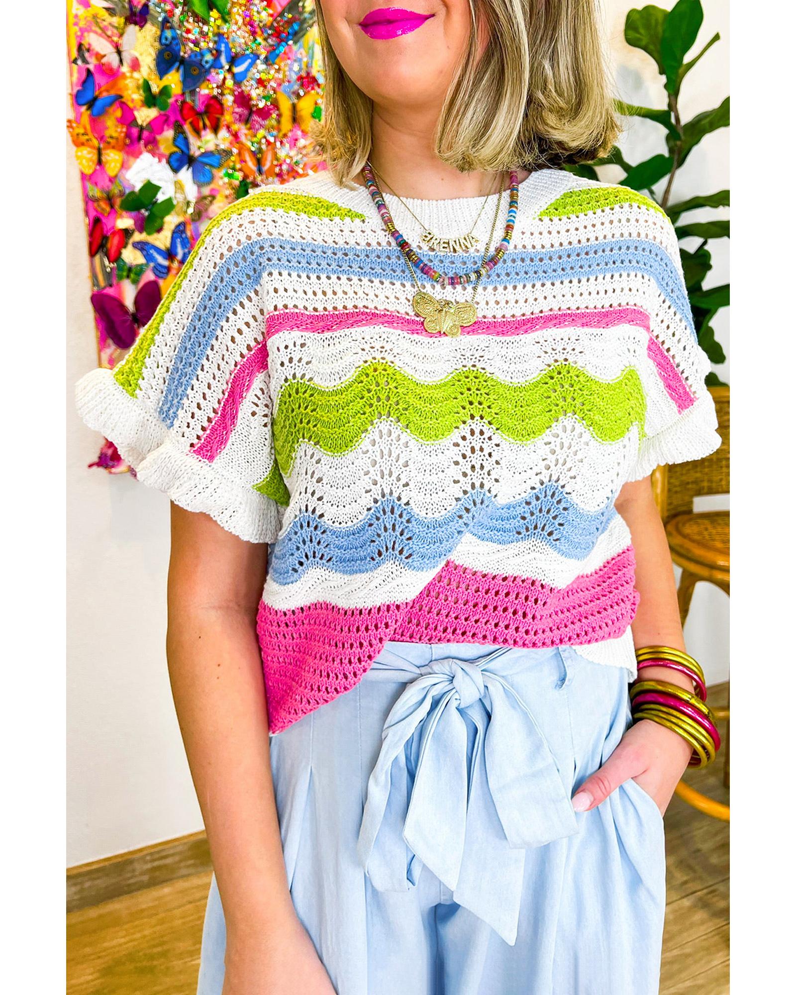 White Colorblock Crochet Knit Ruffled Short Sleeve Sweater Top - S 5