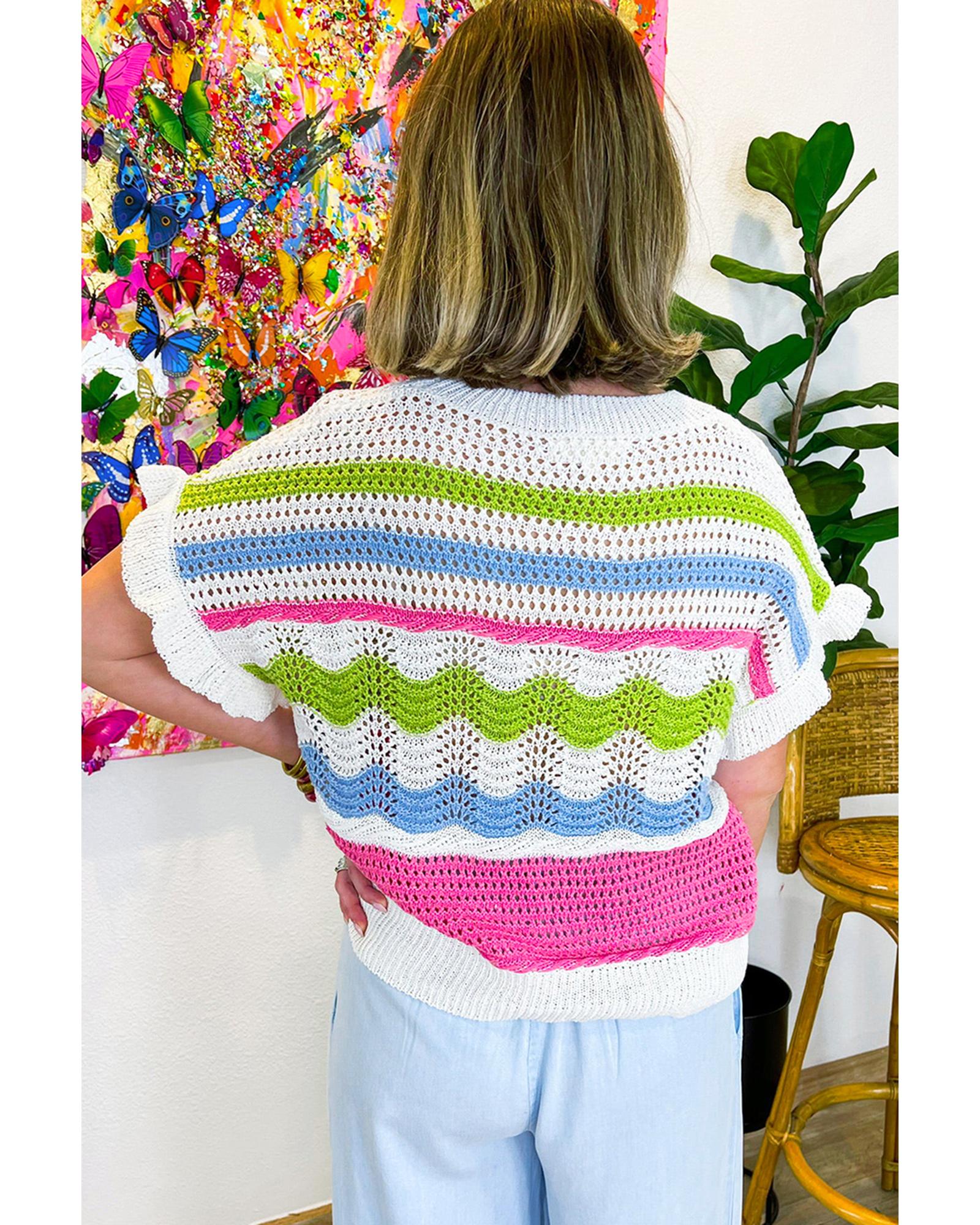 White Colorblock Crochet Knit Ruffled Short Sleeve Sweater Top - XL 5