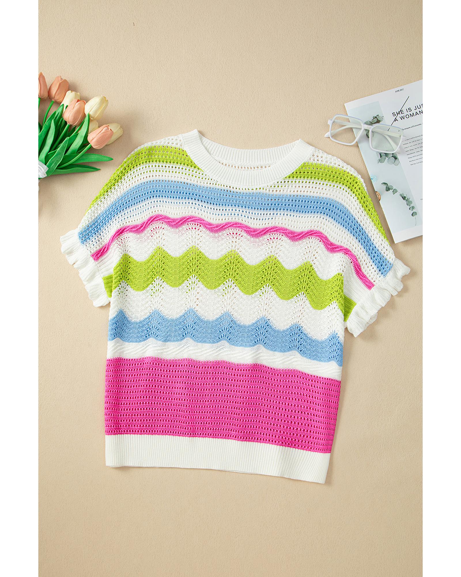 White Colorblock Crochet Knit Ruffled Short Sleeve Sweater Top - XL 8