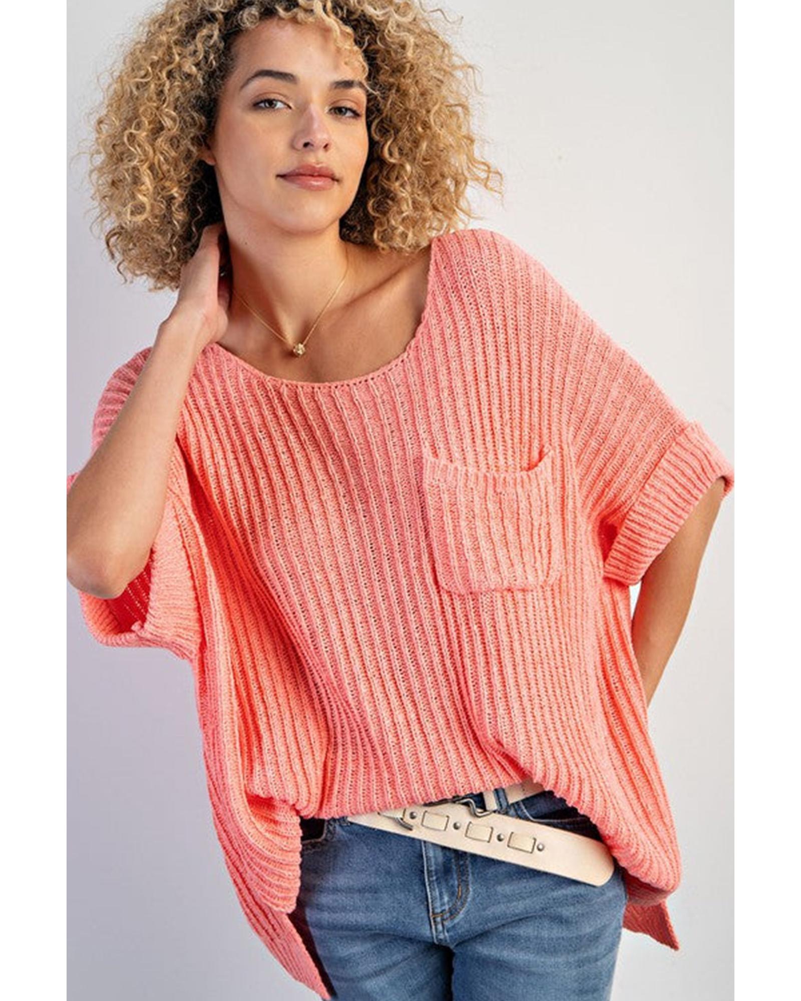 Fresh Salmon Rolled Cuffs Loose Knit Tee with Slits - L