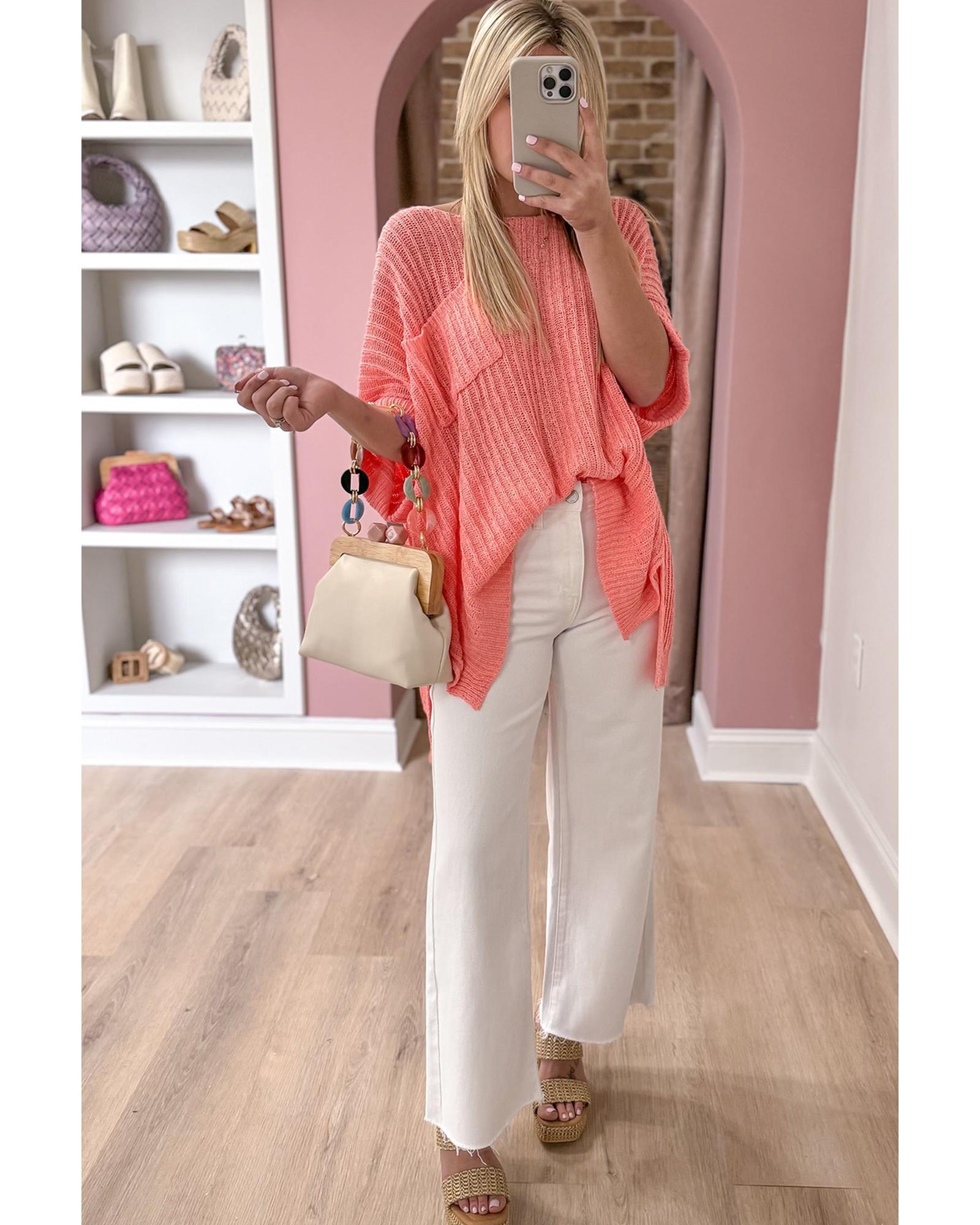 Fresh Salmon Rolled Cuffs Loose Knit Tee with Slits - L 3