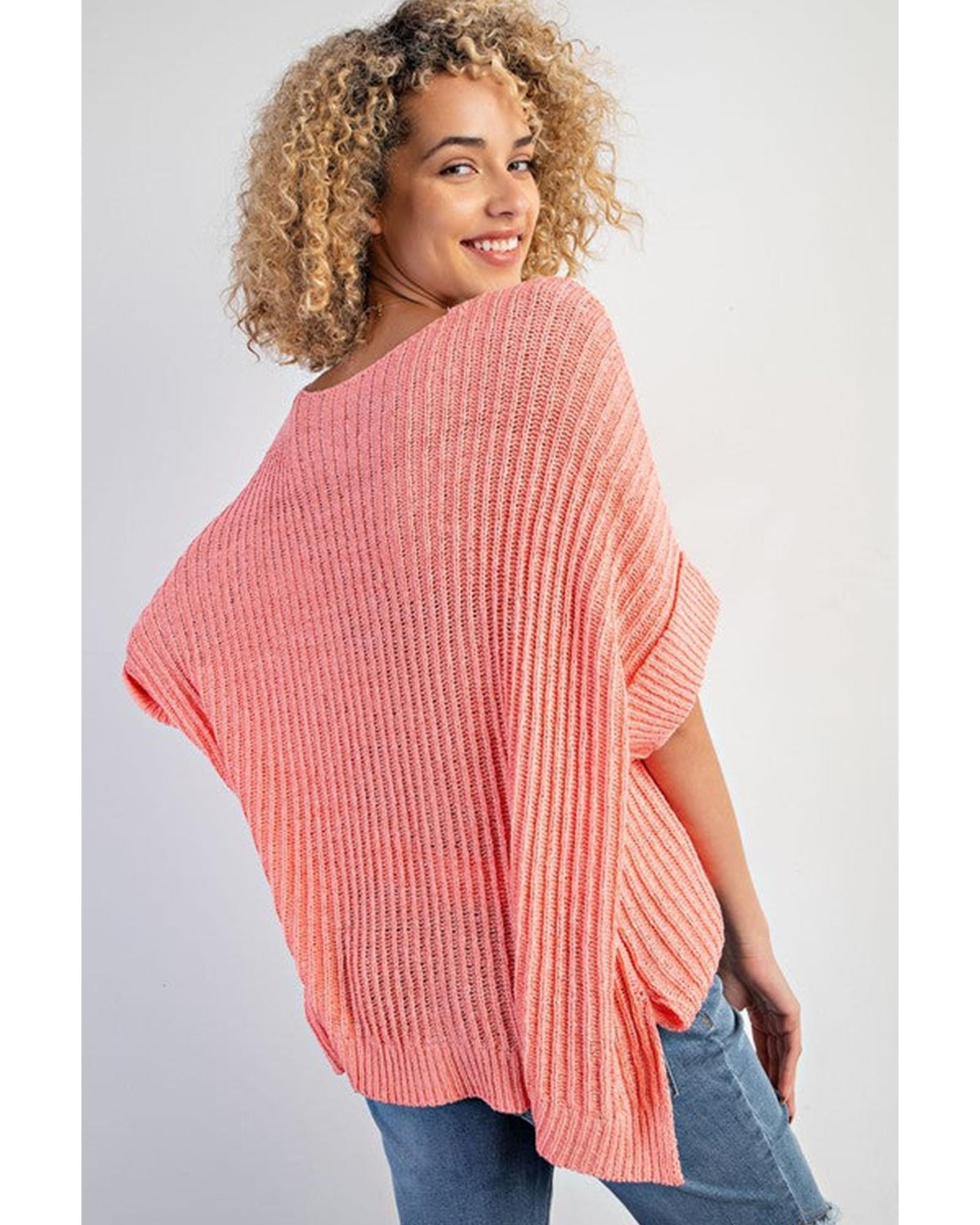 Fresh Salmon Rolled Cuffs Loose Knit Tee with Slits - L 4