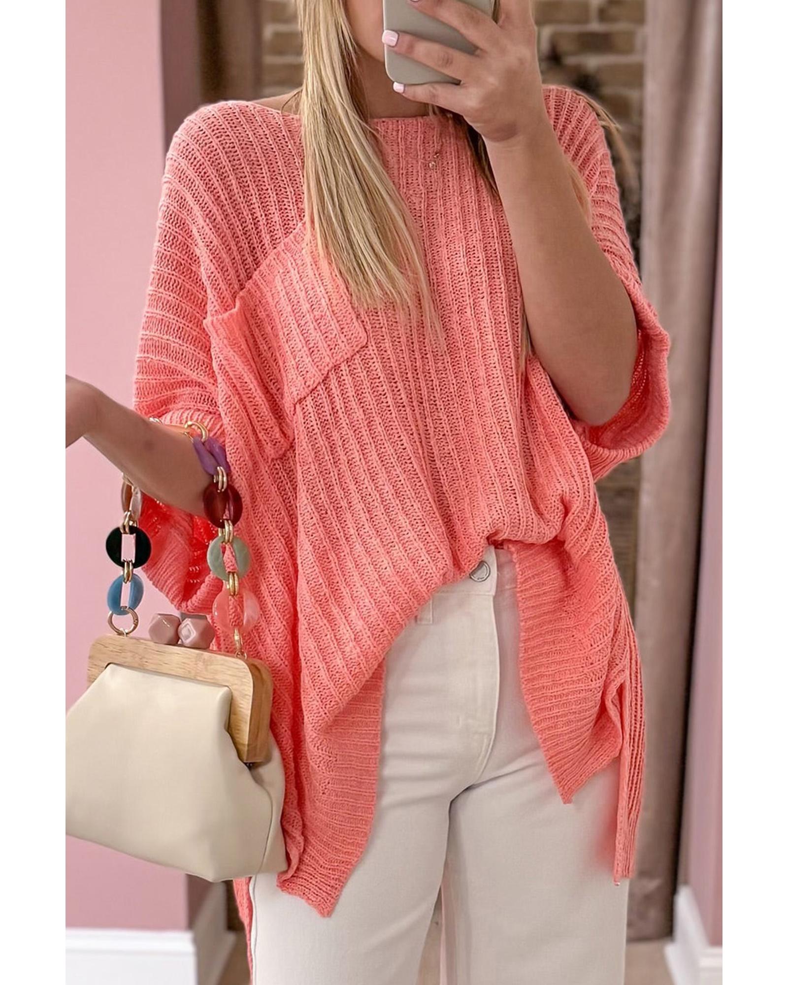 Fresh Salmon Rolled Cuffs Loose Knit Tee with Slits - L 5