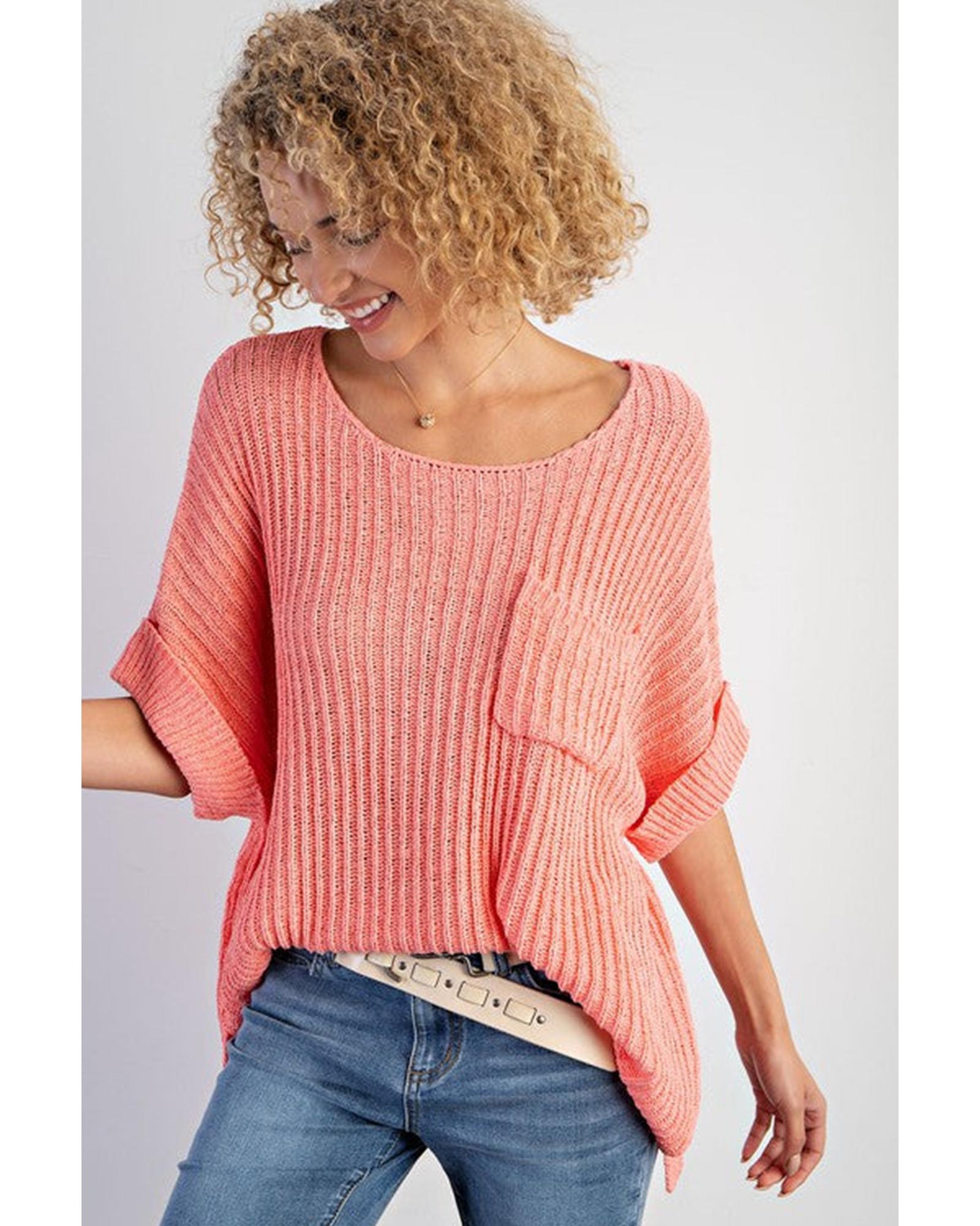 Fresh Salmon Rolled Cuffs Loose Knit Tee with Slits - L 6