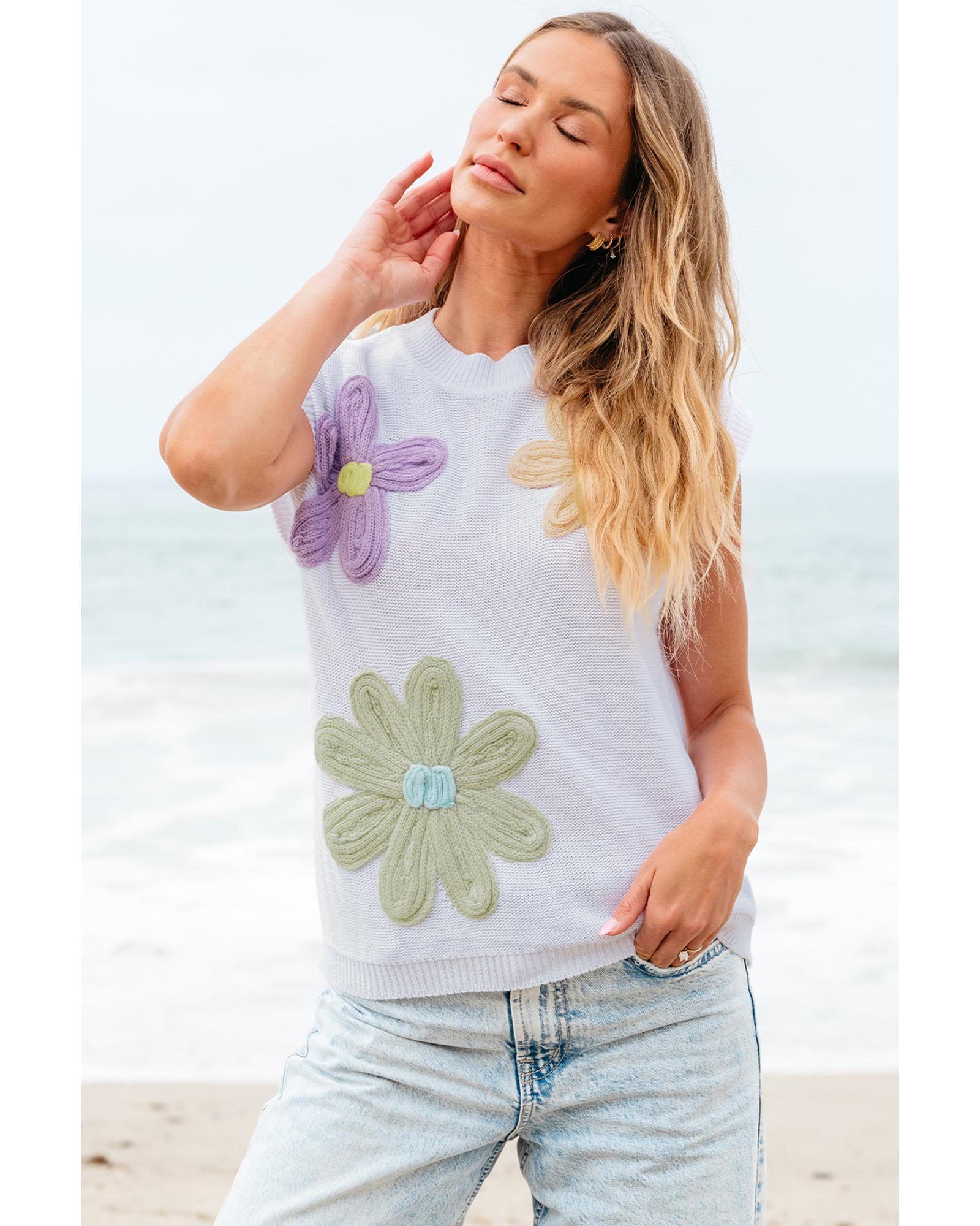 White Multi Crochet Flower Knit Short Sleeve Sweater Tops - L