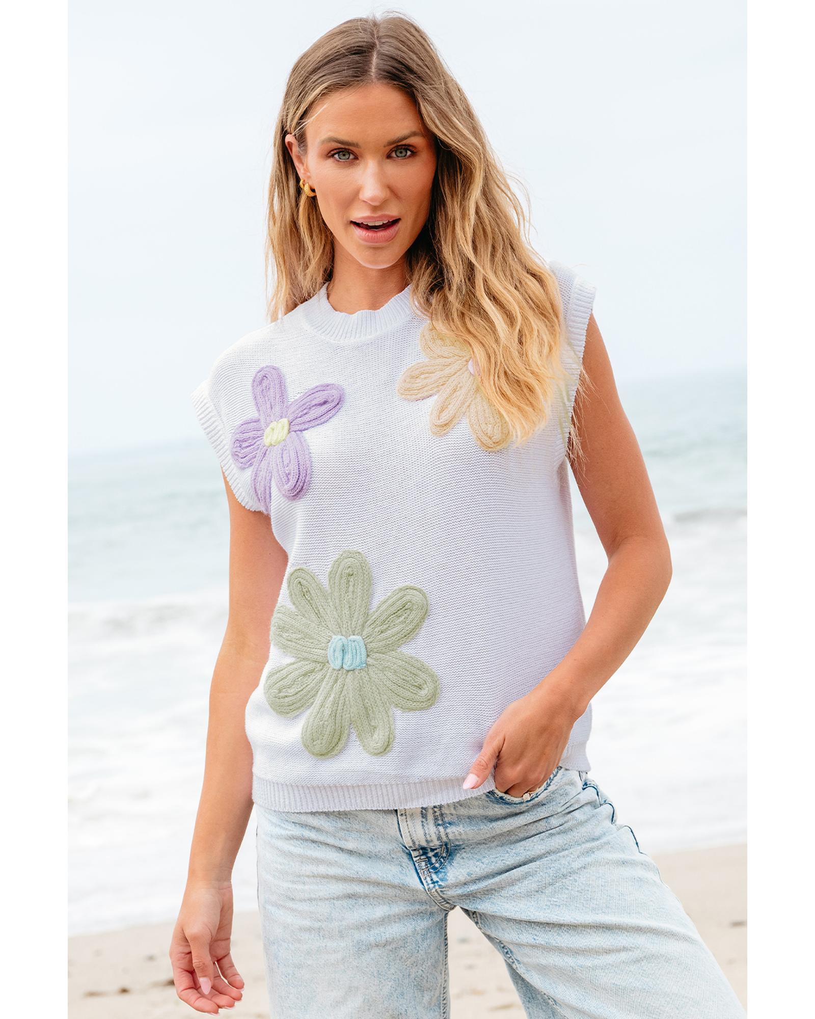 White Multi Crochet Flower Knit Short Sleeve Sweater Tops - L 3