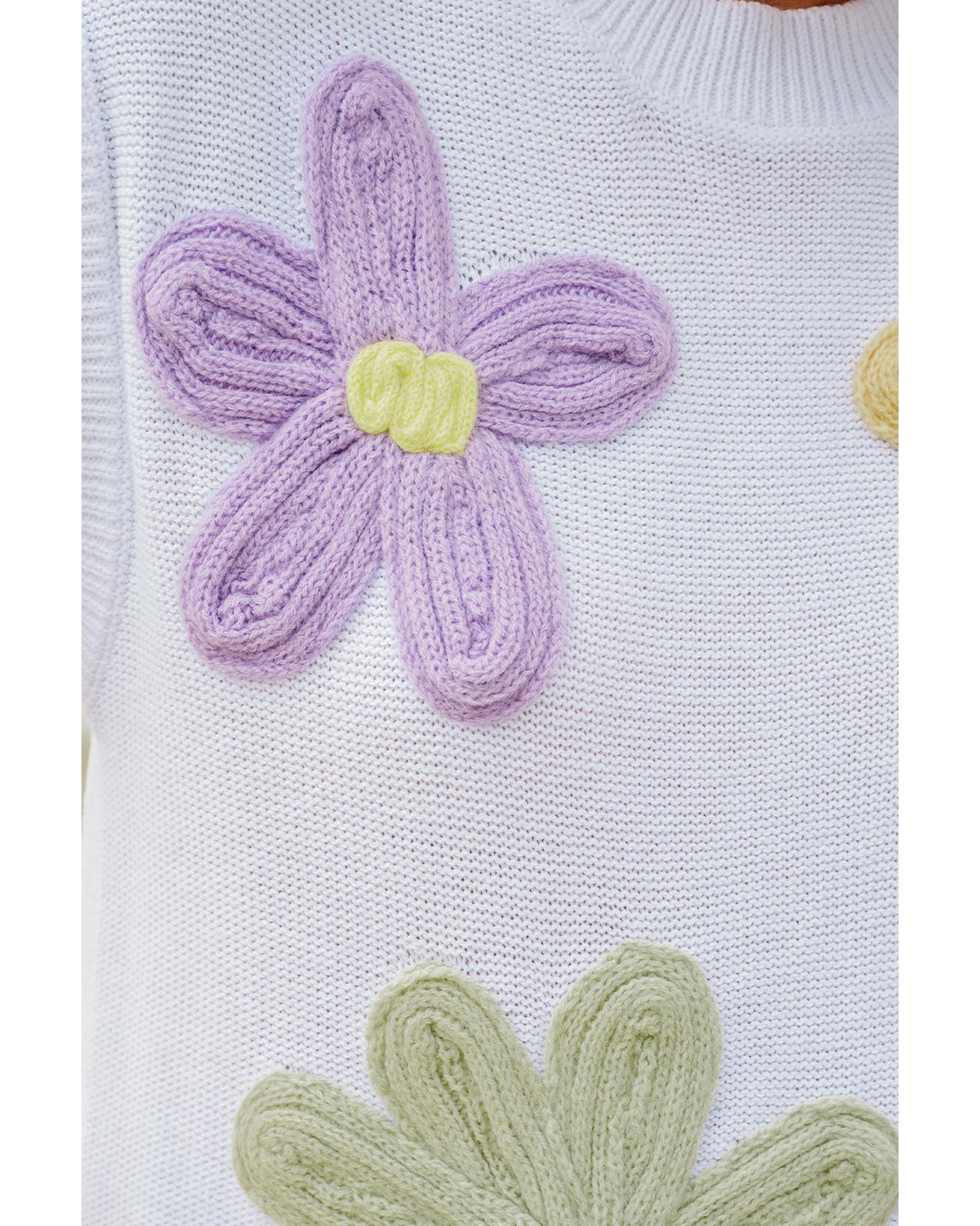 White Multi Crochet Flower Knit Short Sleeve Sweater Tops - M 5