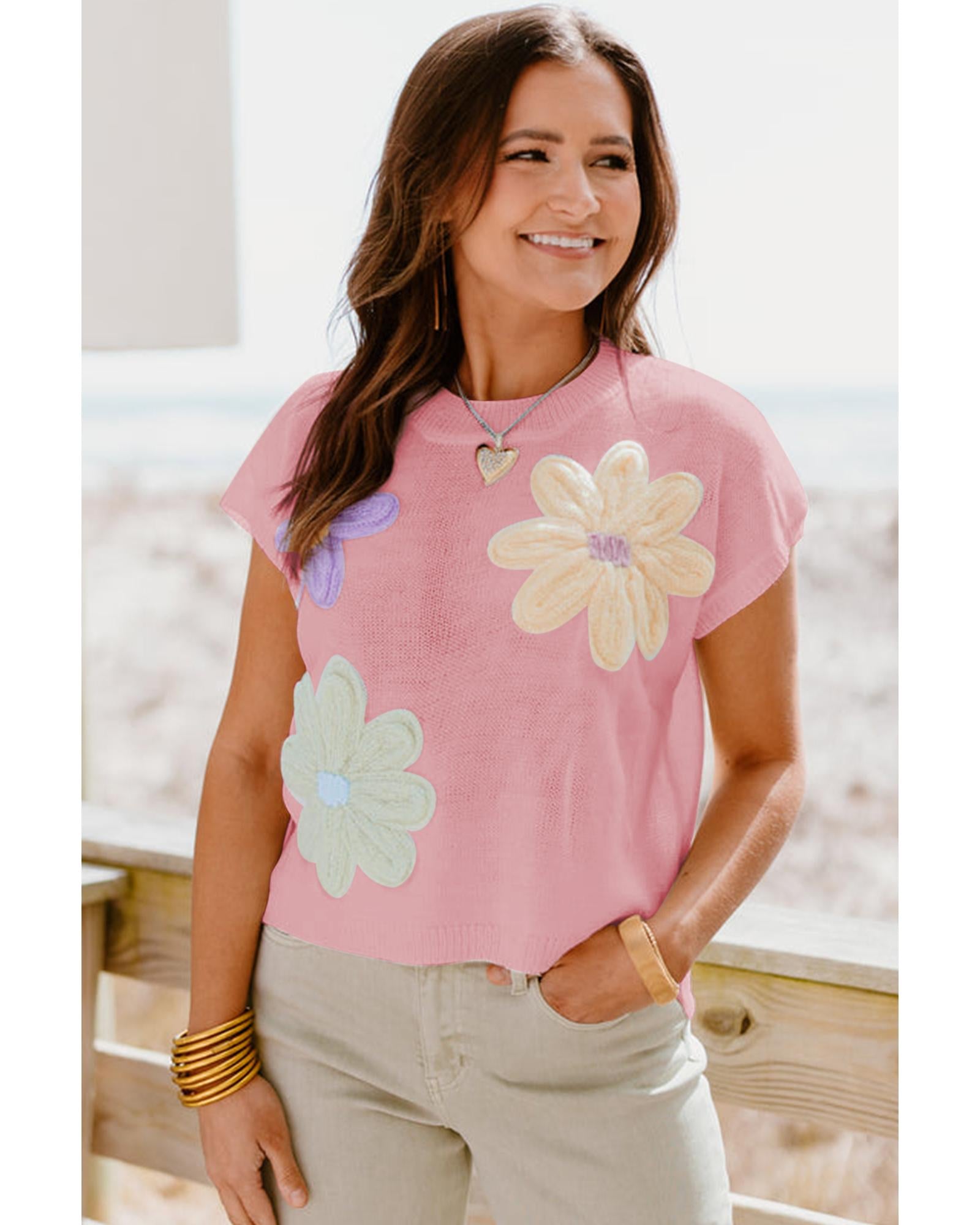 Pink Multi Crochet Flower Knit Short Sleeve Sweater Top - L