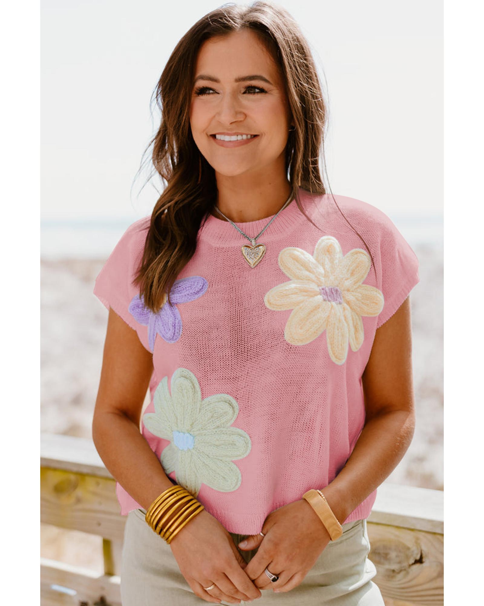 Pink Multi Crochet Flower Knit Short Sleeve Sweater Top - L 3