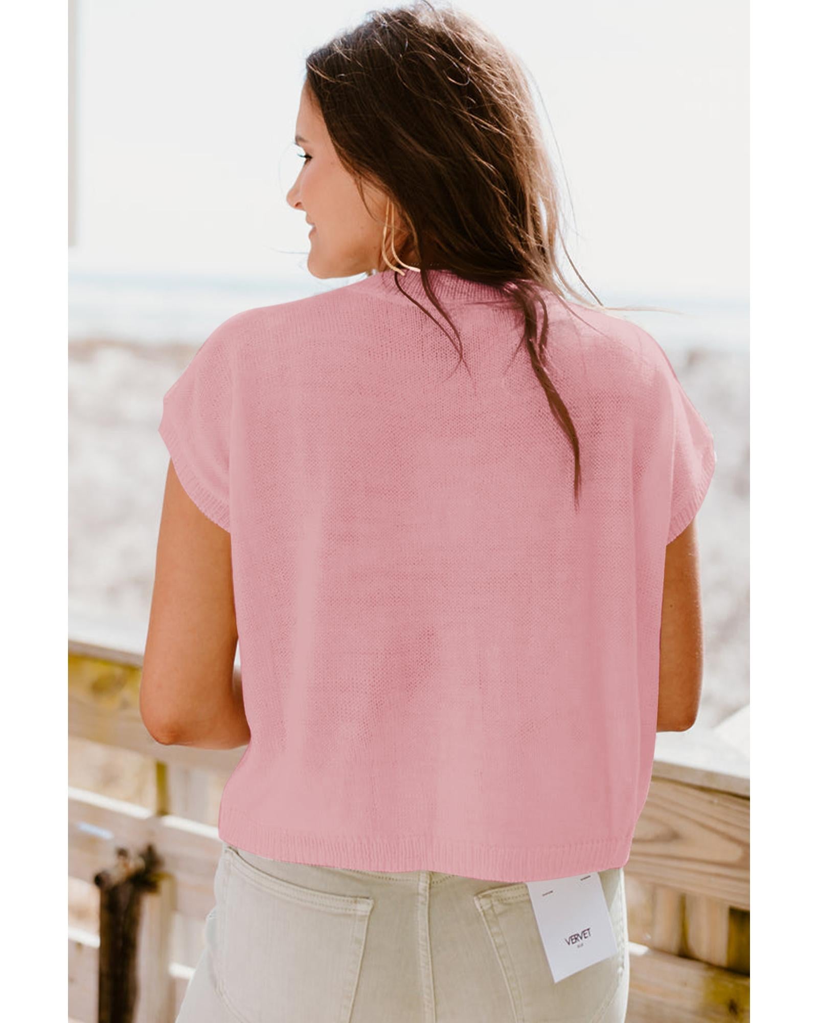 Pink Multi Crochet Flower Knit Short Sleeve Sweater Top - L 4