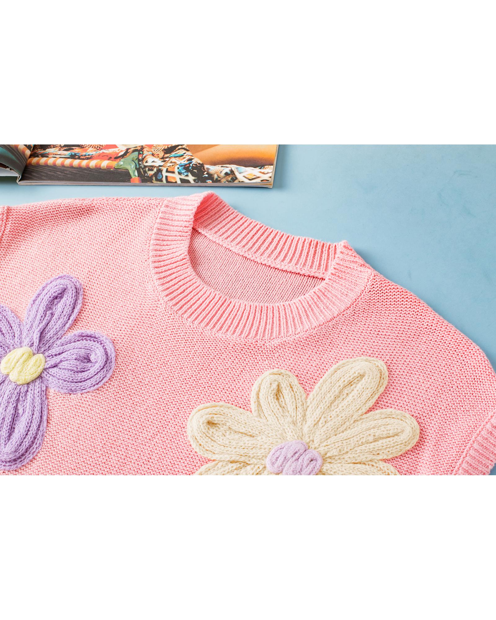 Pink Multi Crochet Flower Knit Short Sleeve Sweater Top - S 7