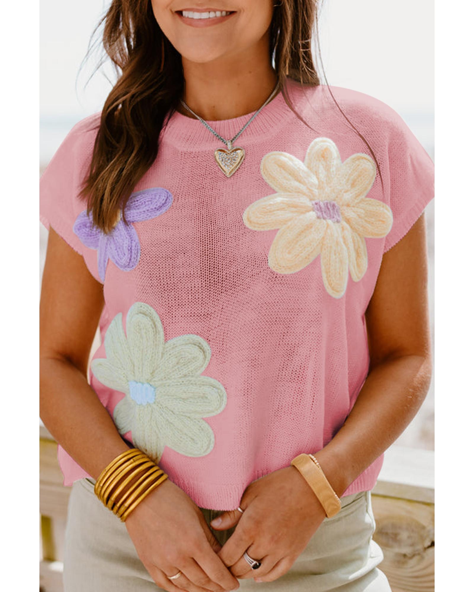 Pink Multi Crochet Flower Knit Short Sleeve Sweater Top - XL