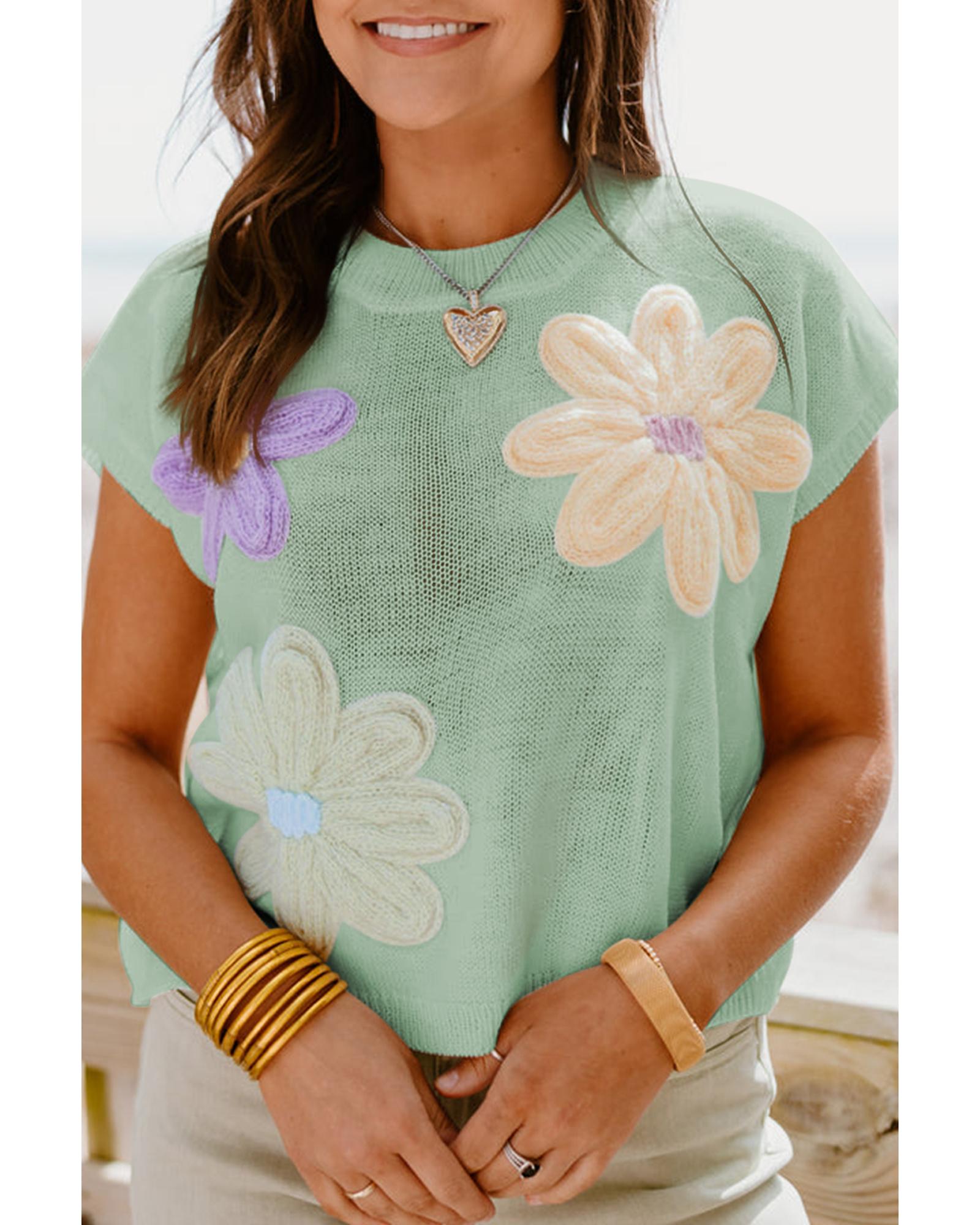 Moonlight Jade Multi Crochet Flower Knit Short Sleeve Sweater Top - XL 3