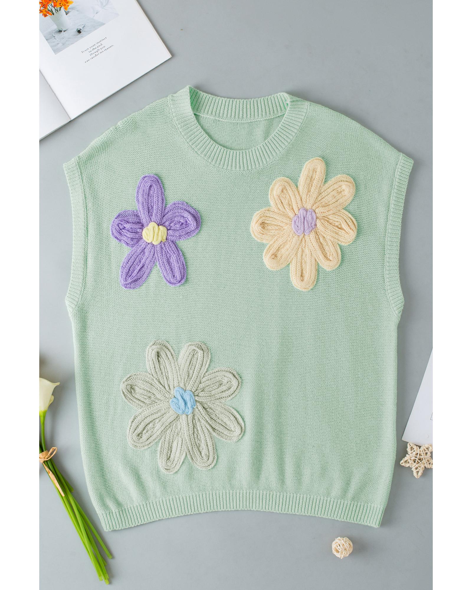 Moonlight Jade Multi Crochet Flower Knit Short Sleeve Sweater Top - XL 5