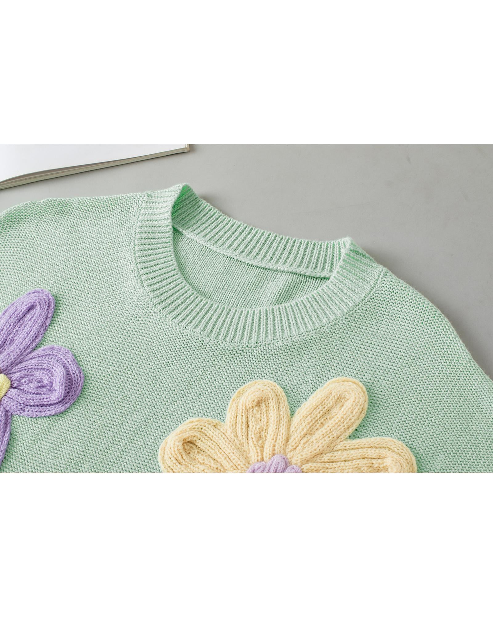 Moonlight Jade Multi Crochet Flower Knit Short Sleeve Sweater Top - XL 6