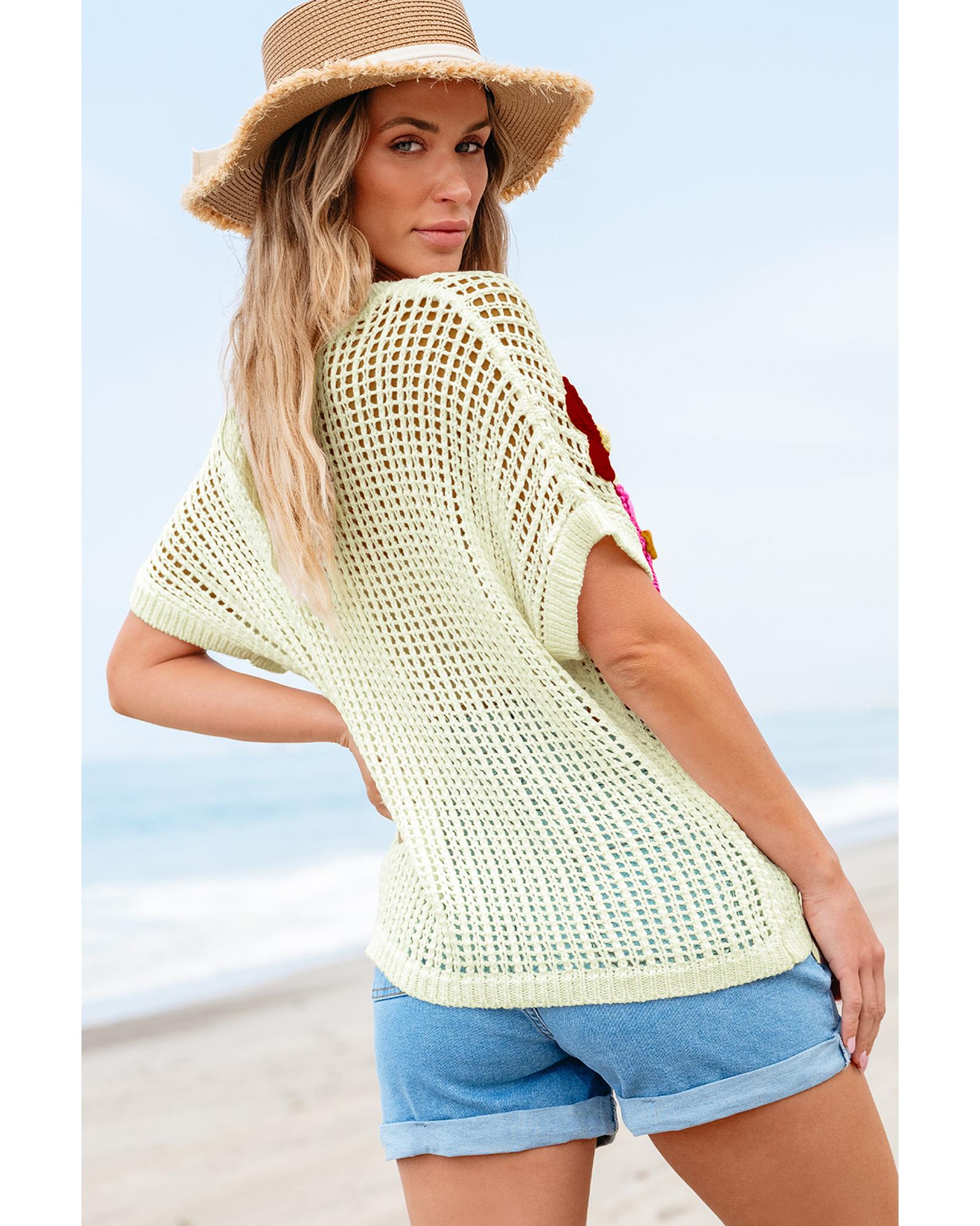 White Crochet Flower Hollow-out Sweater T Shirt - L