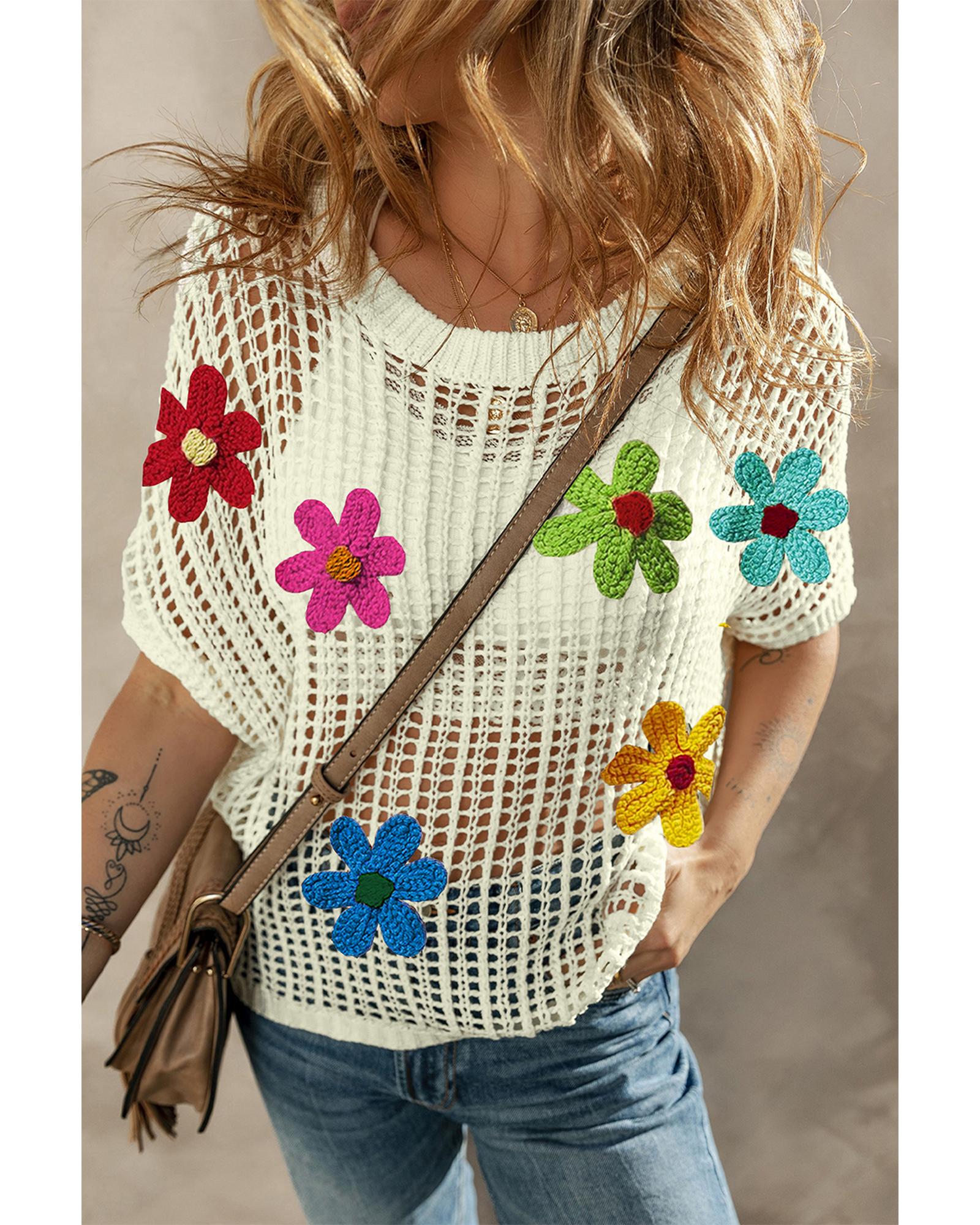 White Crochet Flower Hollow-out Sweater T Shirt - L 5
