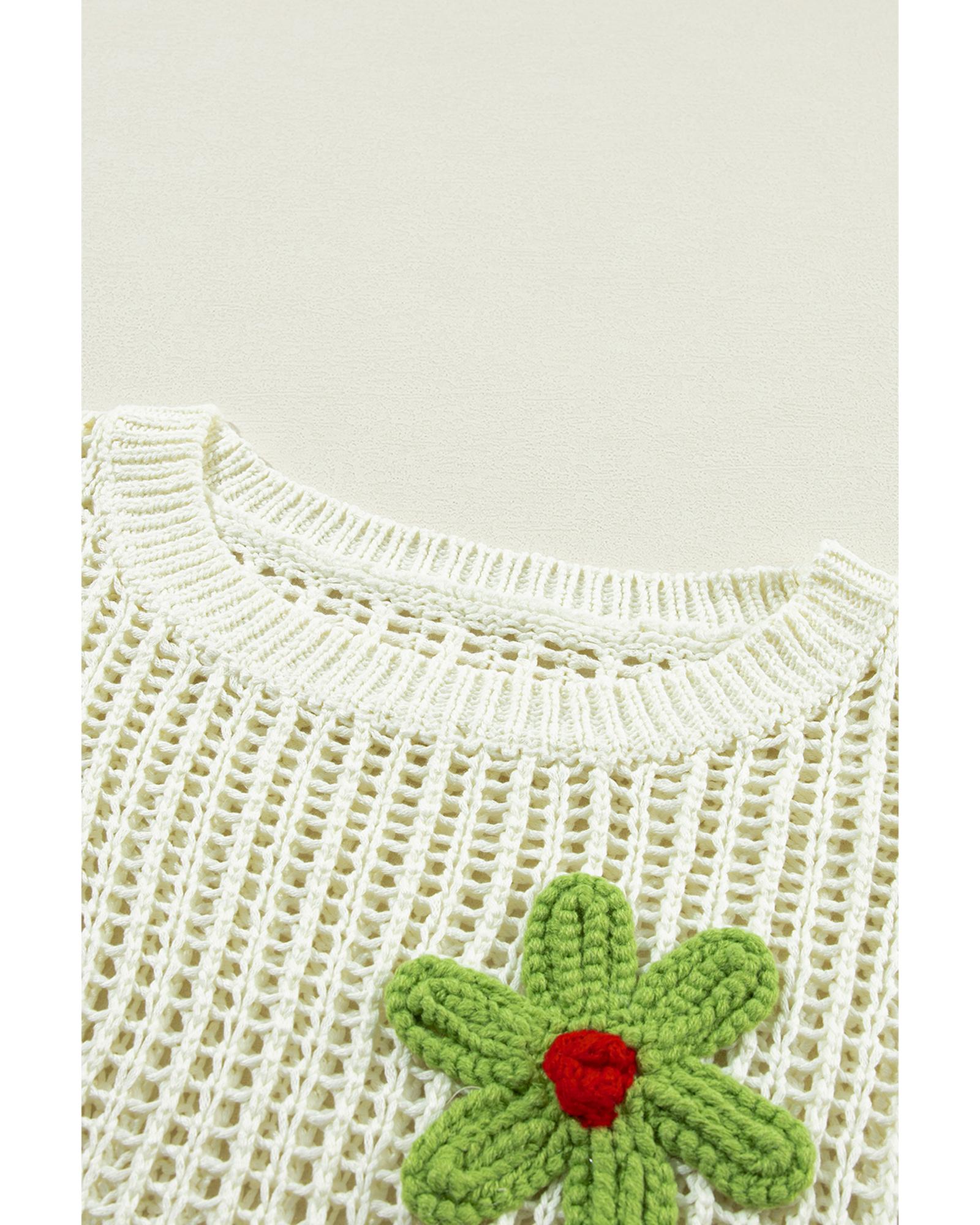 White Crochet Flower Hollow-out Sweater T Shirt - M 6