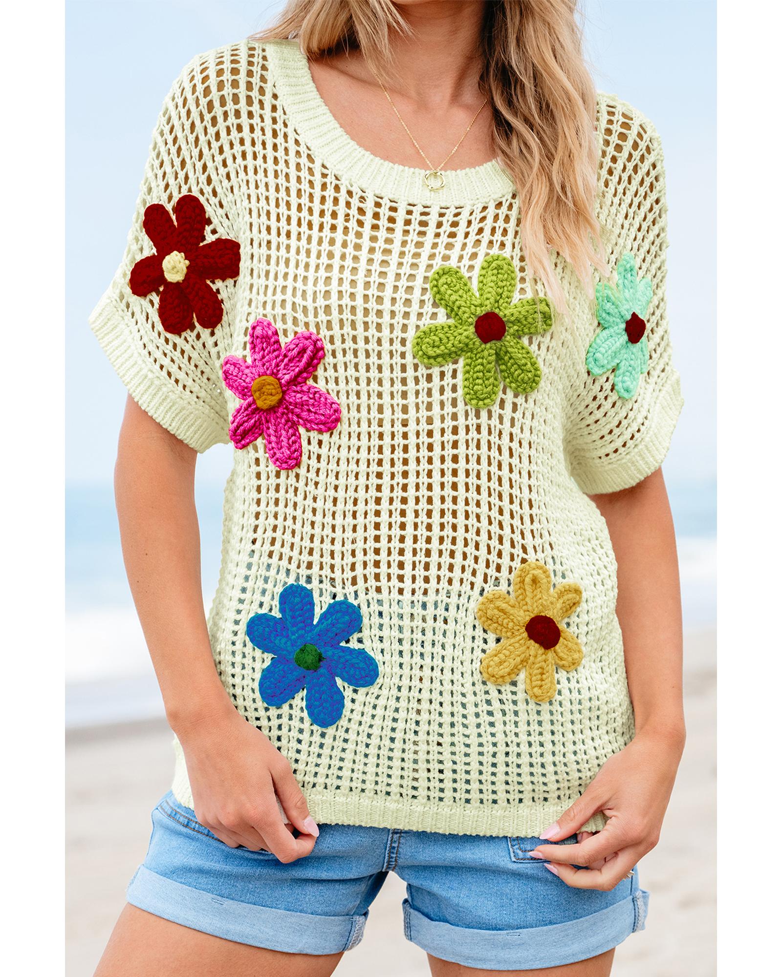 White Crochet Flower Hollow-out Sweater T Shirt - M 7