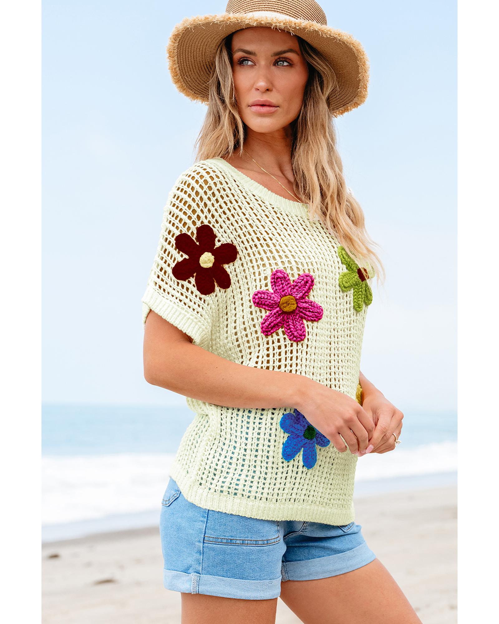 White Crochet Flower Hollow-out Sweater T Shirt - M