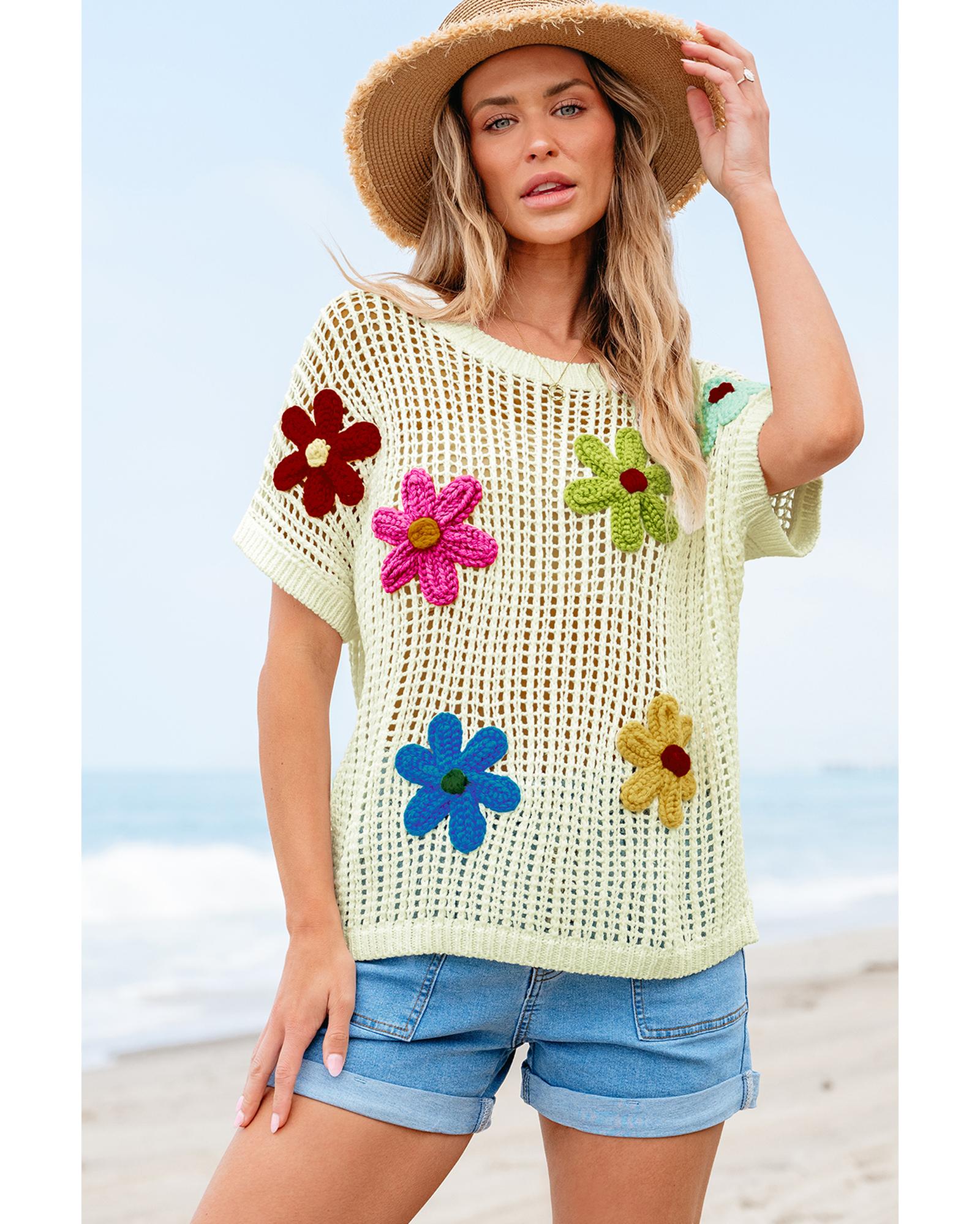 White Crochet Flower Hollow-out Sweater T Shirt - M 3