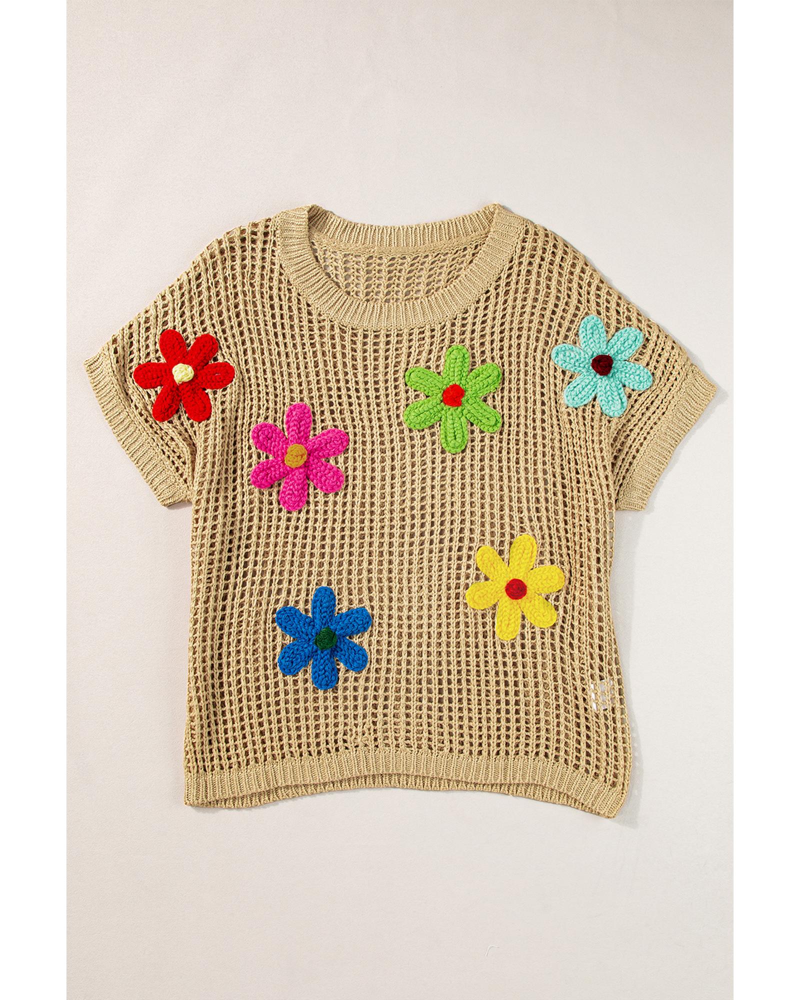 Light French Beige Crochet Flower Hollow-out Sweater T Shirt - L 3