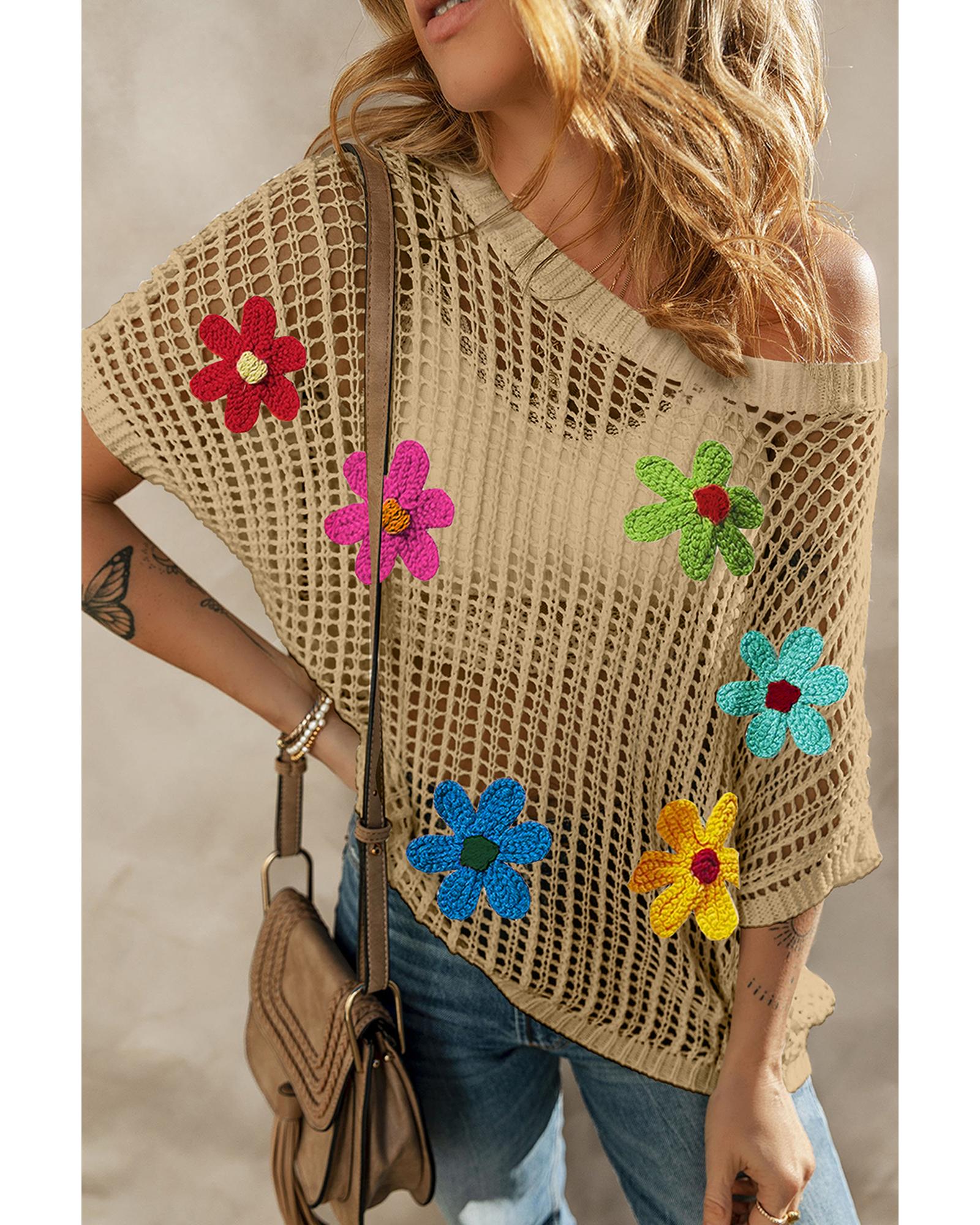 Light French Beige Crochet Flower Hollow-out Sweater T Shirt - L 4