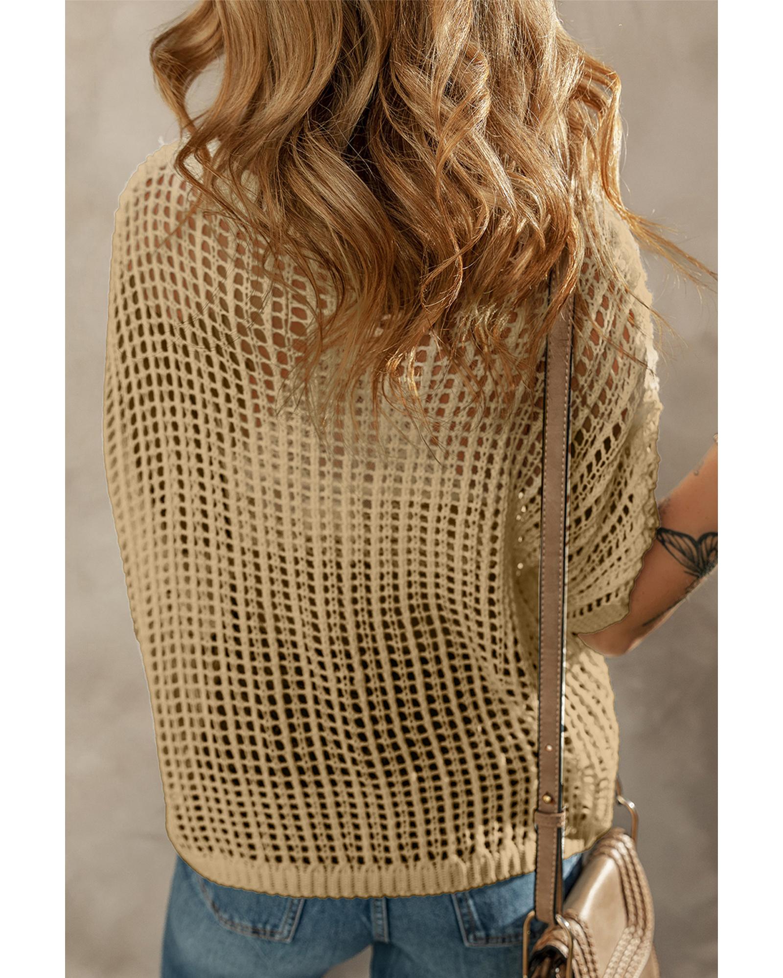 Light French Beige Crochet Flower Hollow-out Sweater T Shirt - M 8